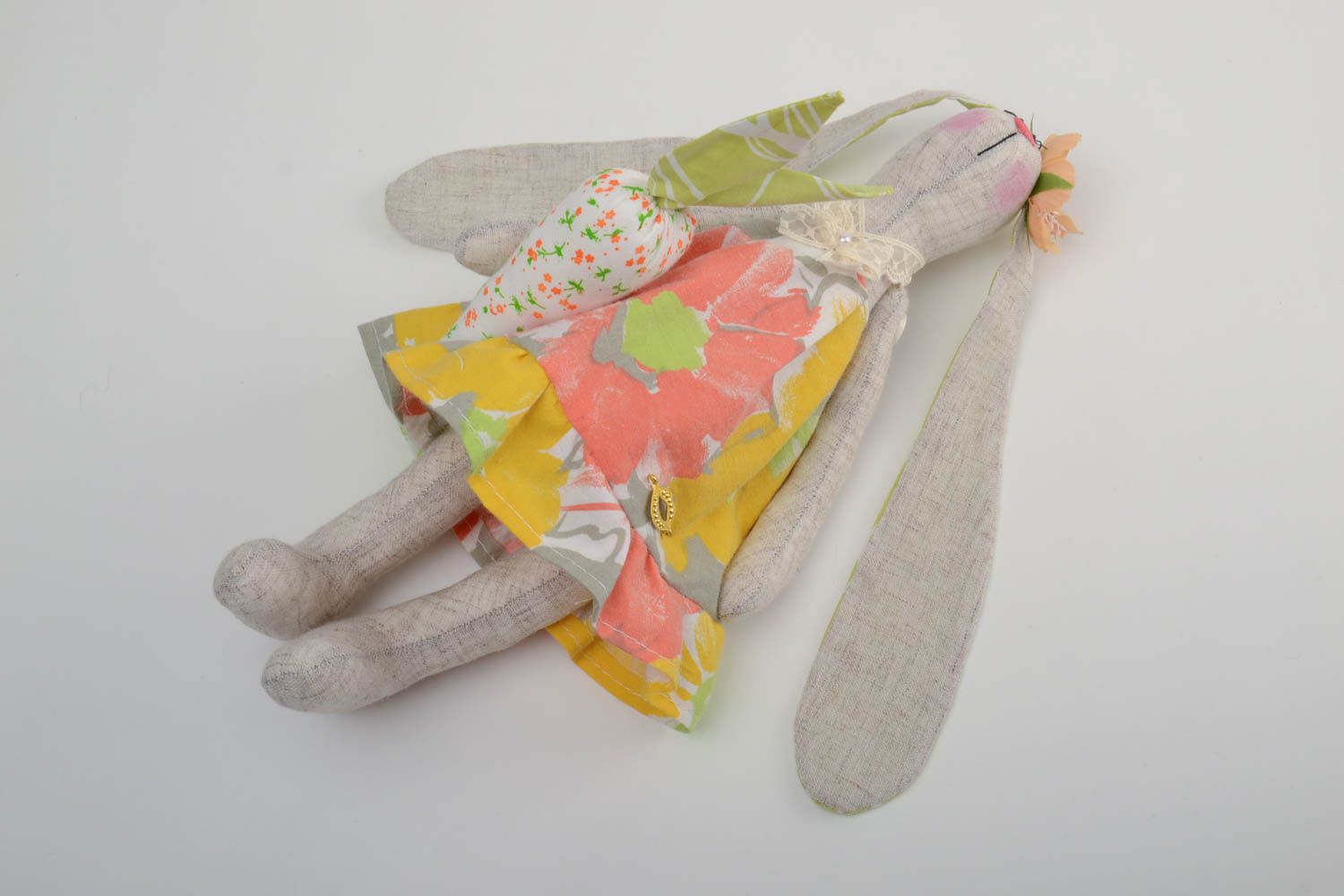 Handmade linen and cotton fabric soft toy hare for children and interior design photo 2