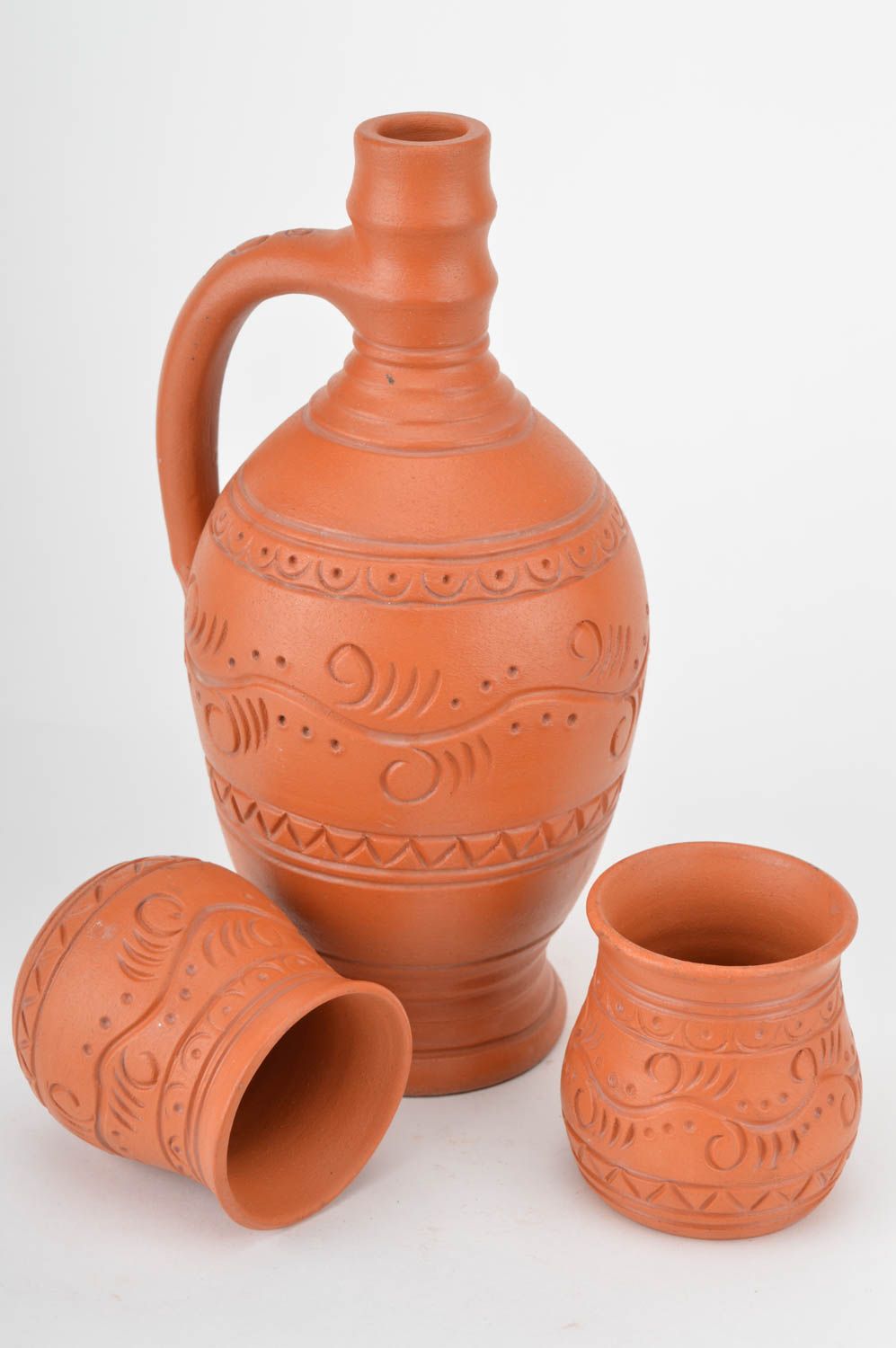Handmade ceramic drinkware set 2 shot glasses 330 ml and 100 ml and bottle photo 2