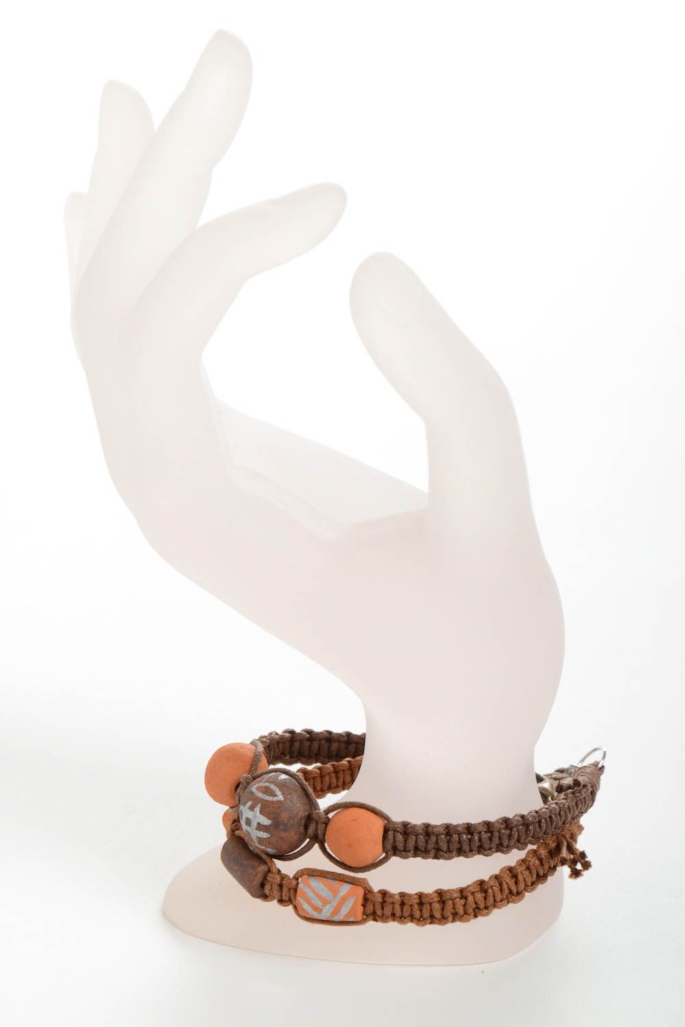Bracelets tressés Bijoux fait main bruns perles argile Accessoire femme 2 pièces photo 3