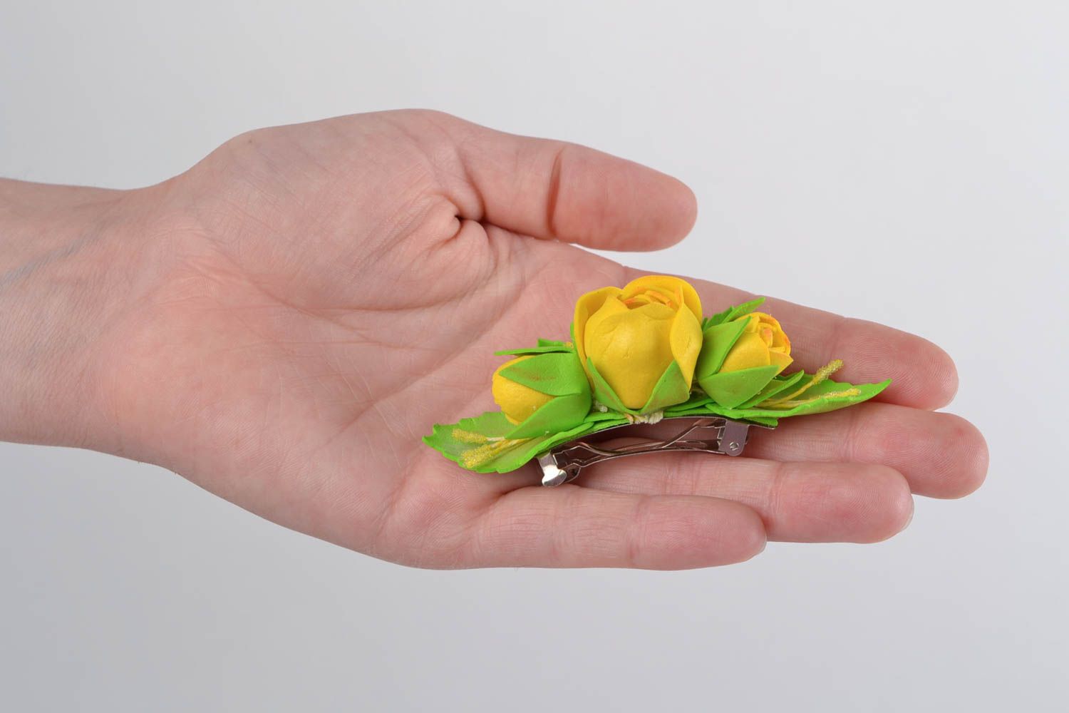 Handmade decorative hairpin made of foamiran with yellow roses  photo 2