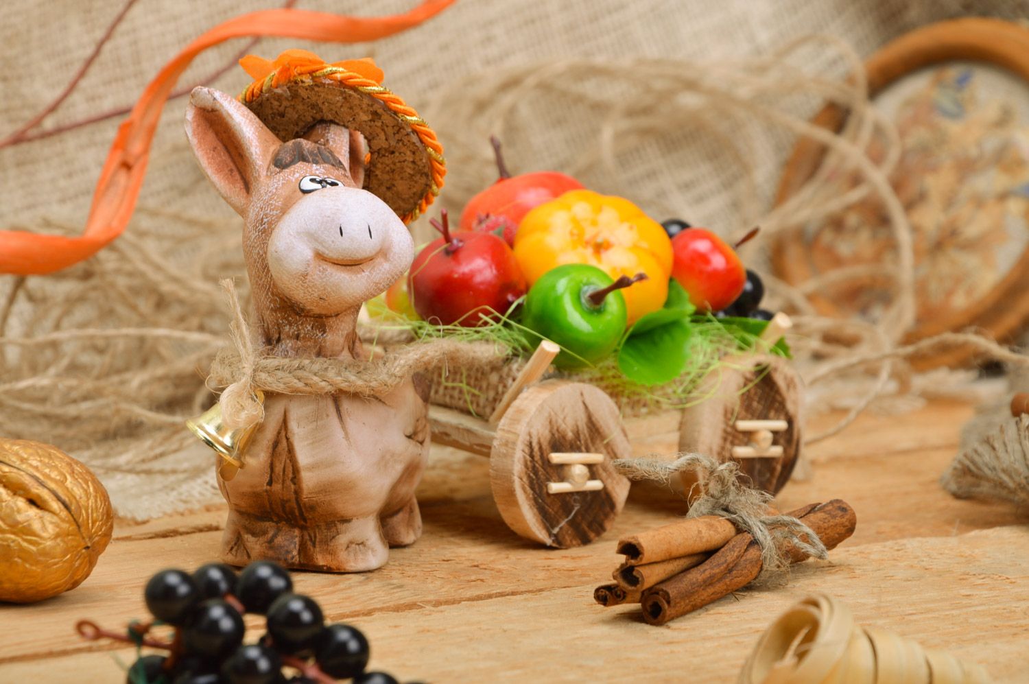 Handmade decorative desktop clay and wood figurine for kitchen interior Donkey photo 1