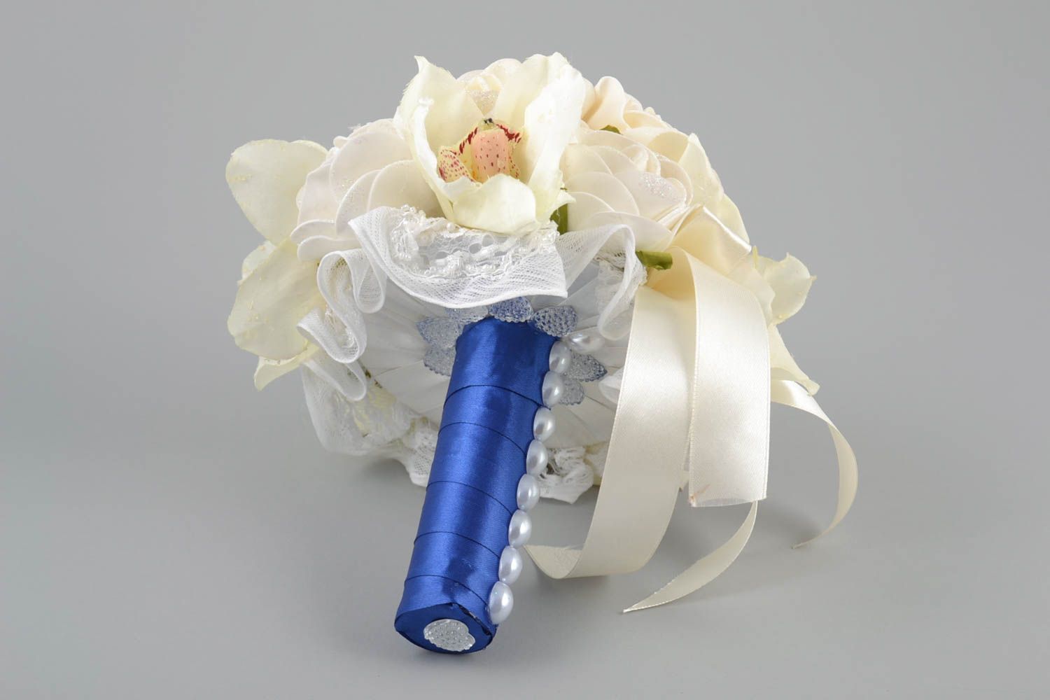 Handmade cute white wedding bouquet made of foamiran on blue stem with ribbons photo 4
