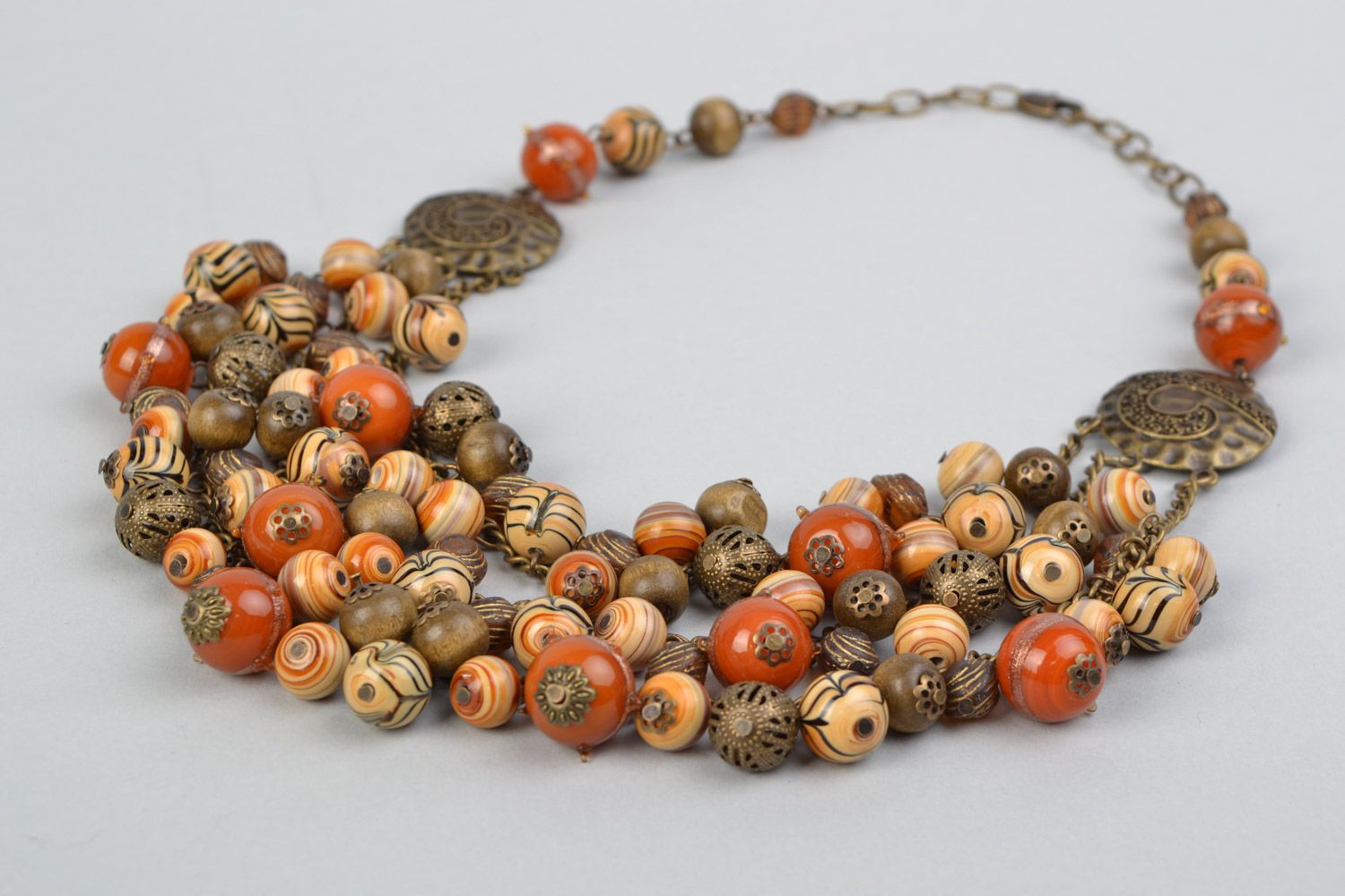 Handmade multi row ethnic necklace with wooden and lampwork glass beads photo 2