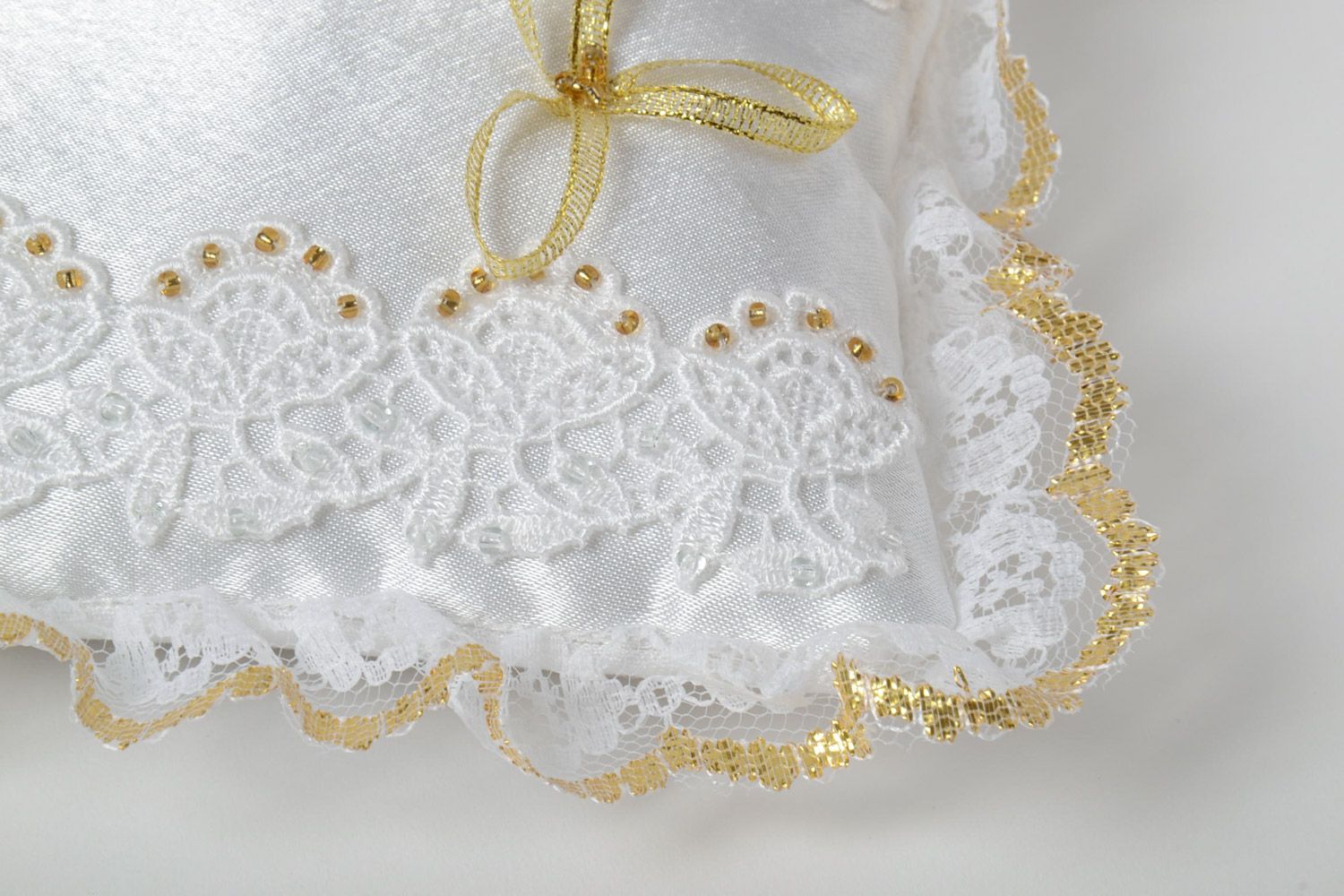 Handmade festive wedding rings pillow sewn of satin with lace and Czech beads photo 3