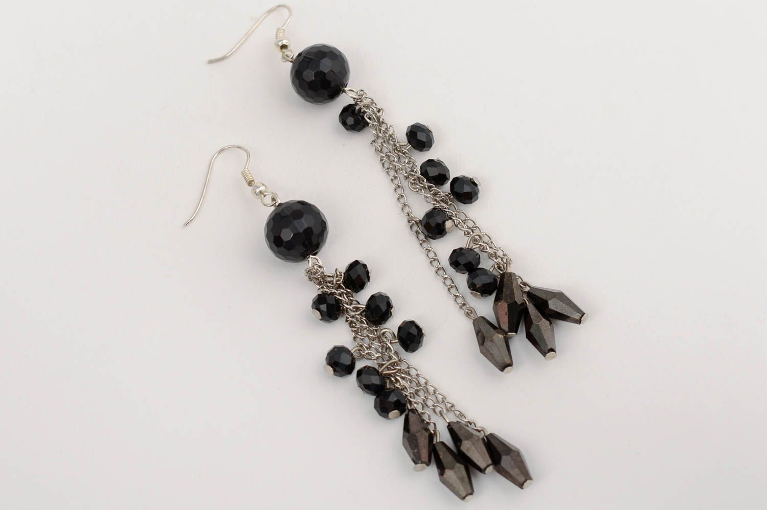 Handmade long dangle earrings with metal chains and black Czech crystal beads photo 2