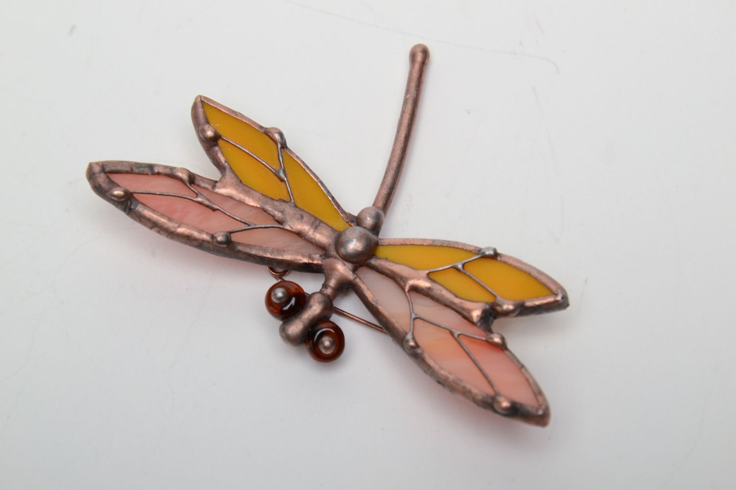 Unusual stained glass brooch in the shape of dragonfly photo 2