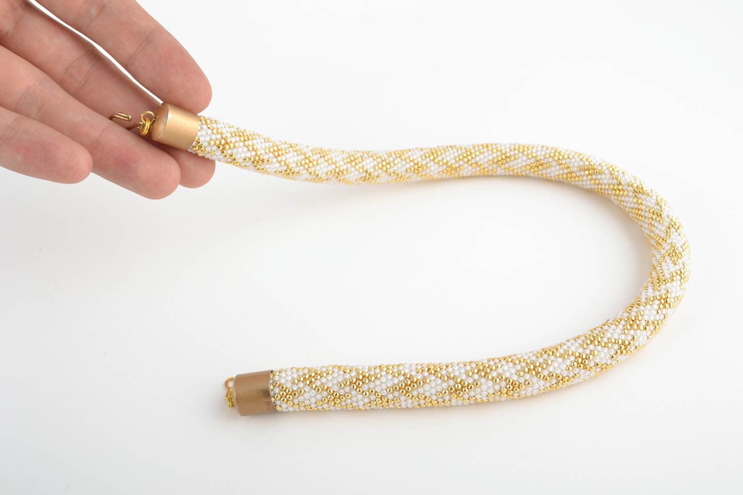 Beautiful white and golden handmade woven beaded cord necklace festive photo 2