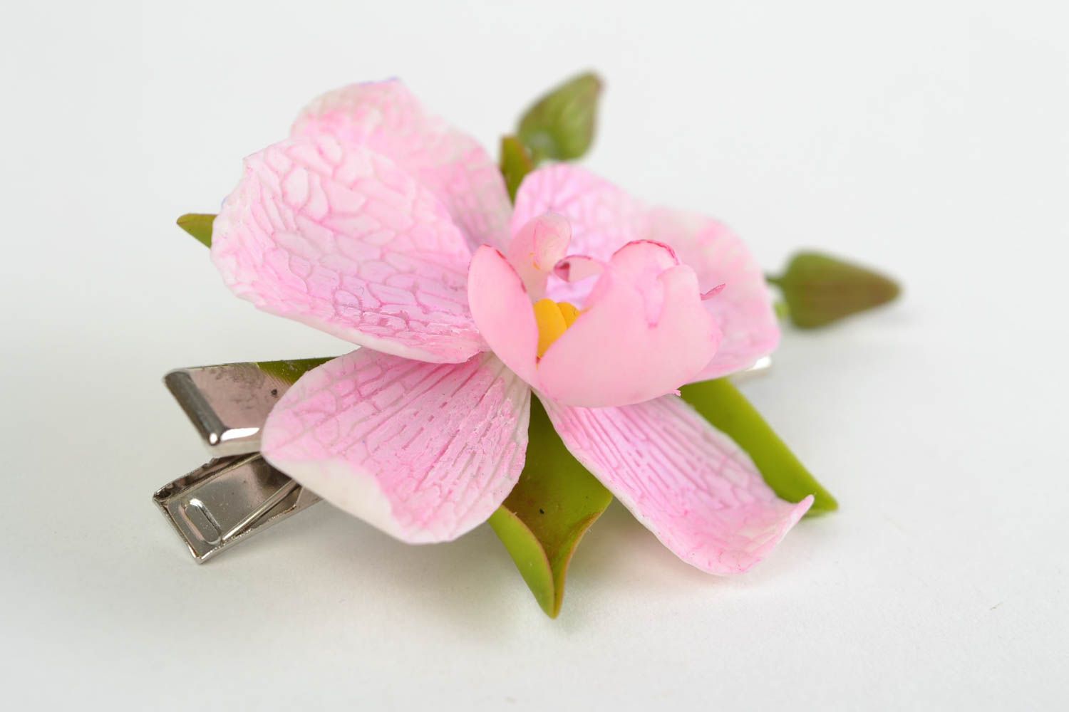 Заколка для волос из холодного фарфора ручной работы в виде розовой орхидеи фото 4
