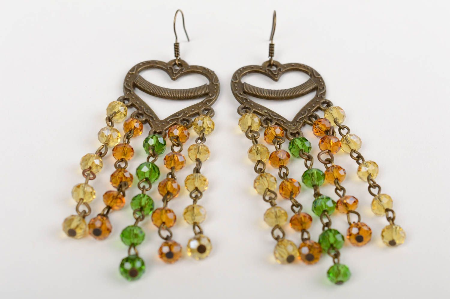 Longues boucles d'oreilles en cristal vert ambré faites main originales photo 2