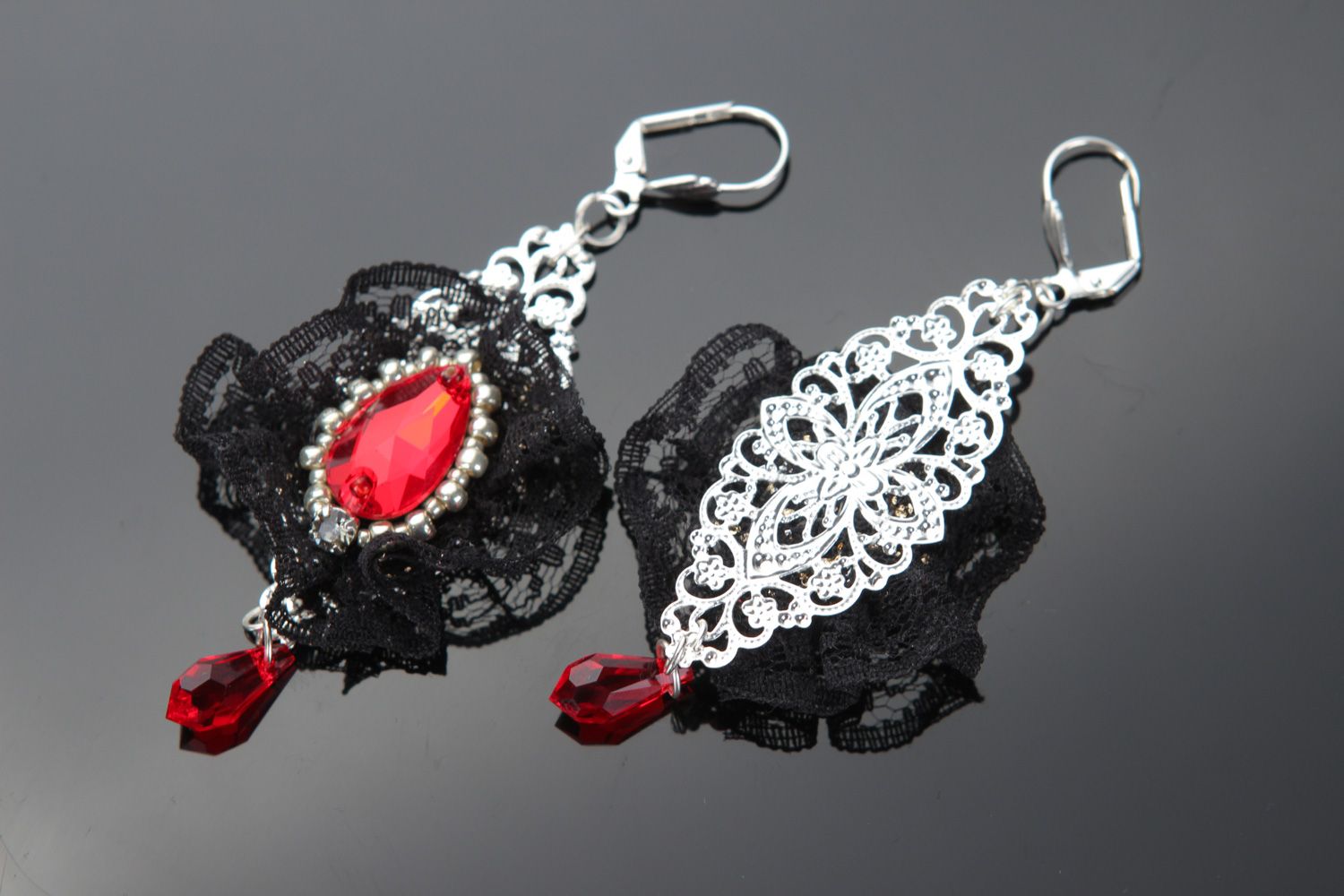 Handmade black and red dangle earrings with lace and Austrian crystals  photo 3