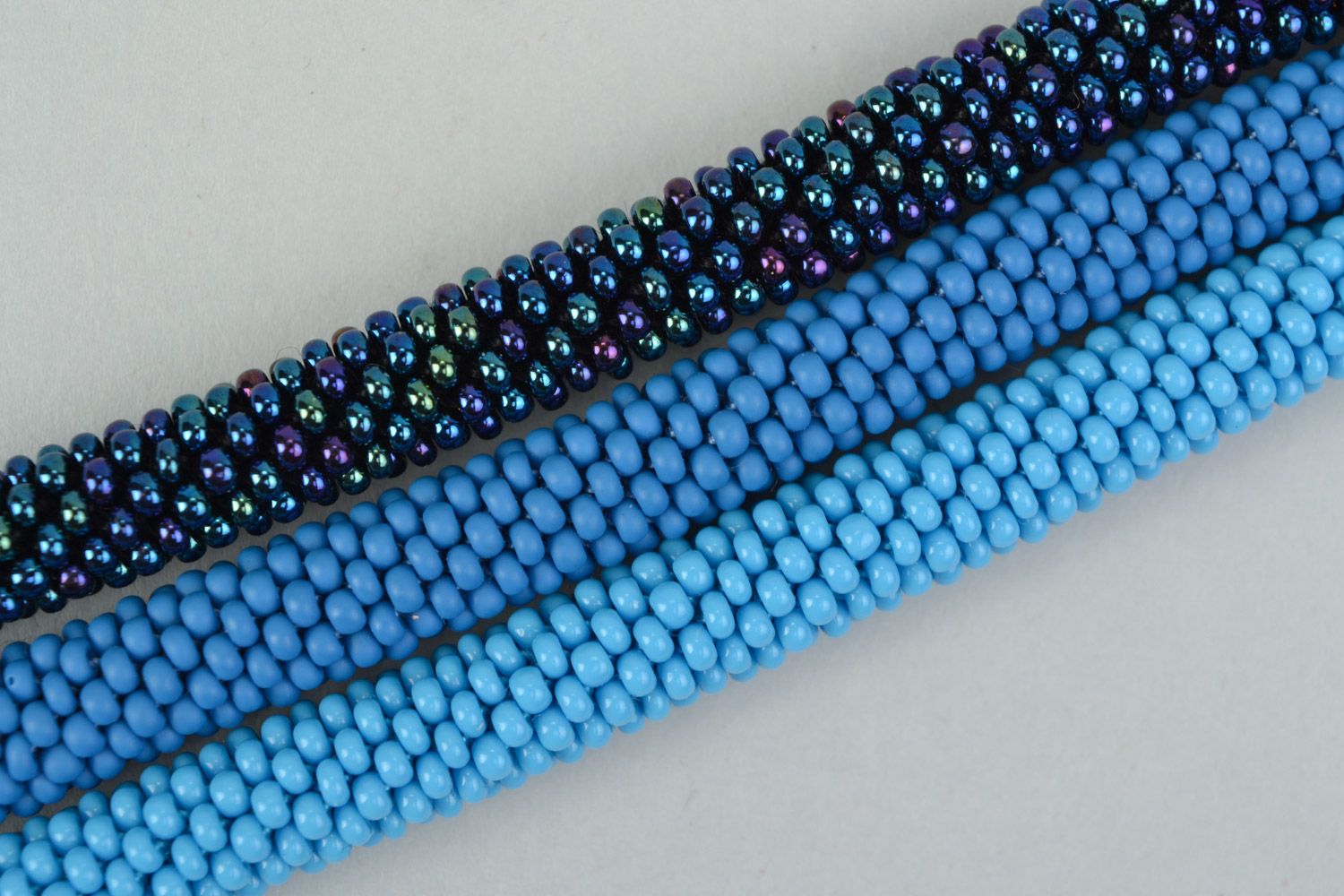 Set of 3 handmade beaded cord wrist bracelets in blue color shades for women photo 3