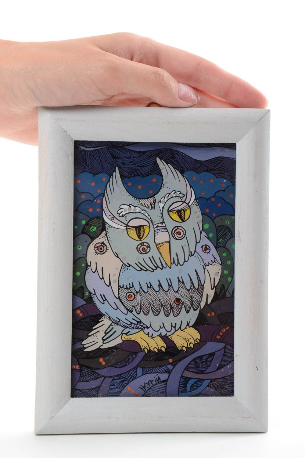 Beautiful handmade colorful oil painting in frame Owl interior decor photo 5