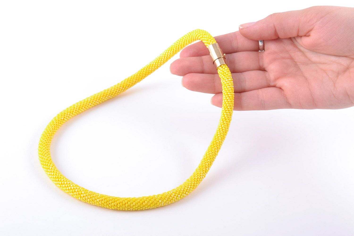 Bright yellow handmade women's cord necklace woven of Japanese beads  photo 2