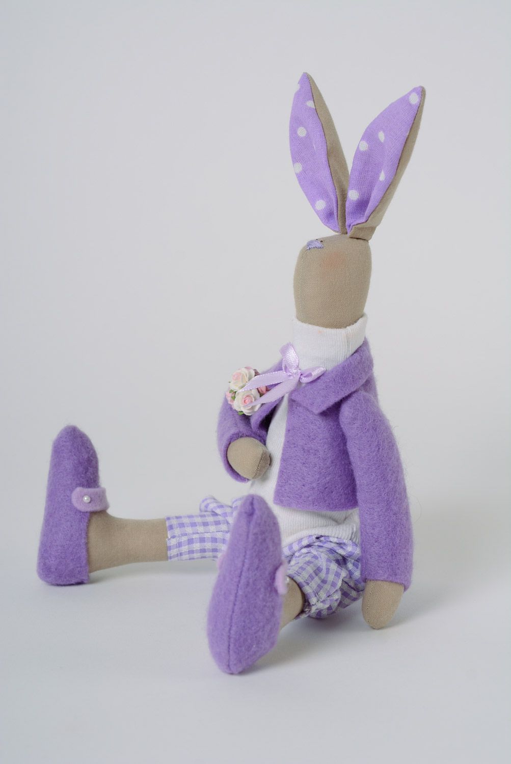 Cute handmade designer soft toy sewn of fabric Rabbit with violet ears  photo 4