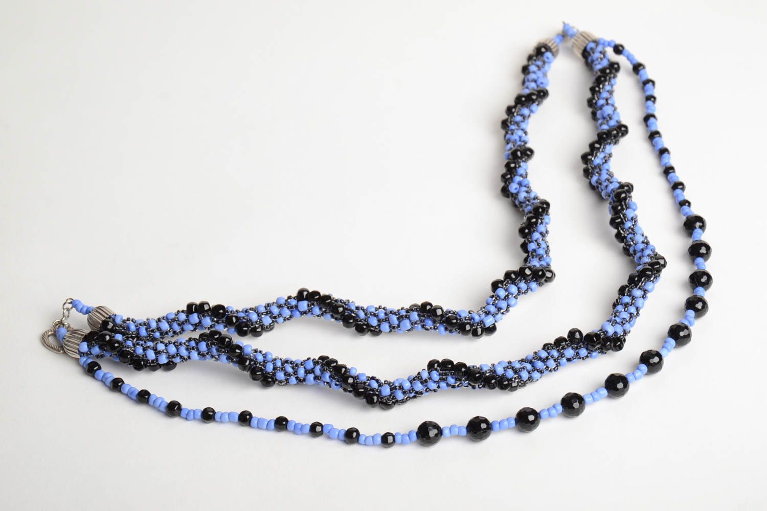 Handmade multi row women's necklace crocheted of blue and black Czech beads photo 3