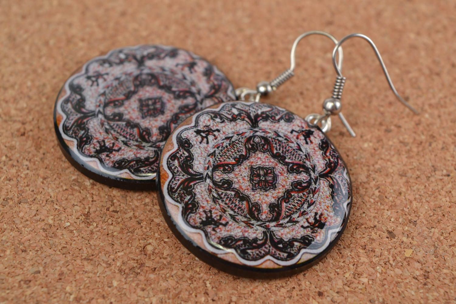 Beautiful handmade round polymer clay earrings of unusual colors with decoupage photo 1