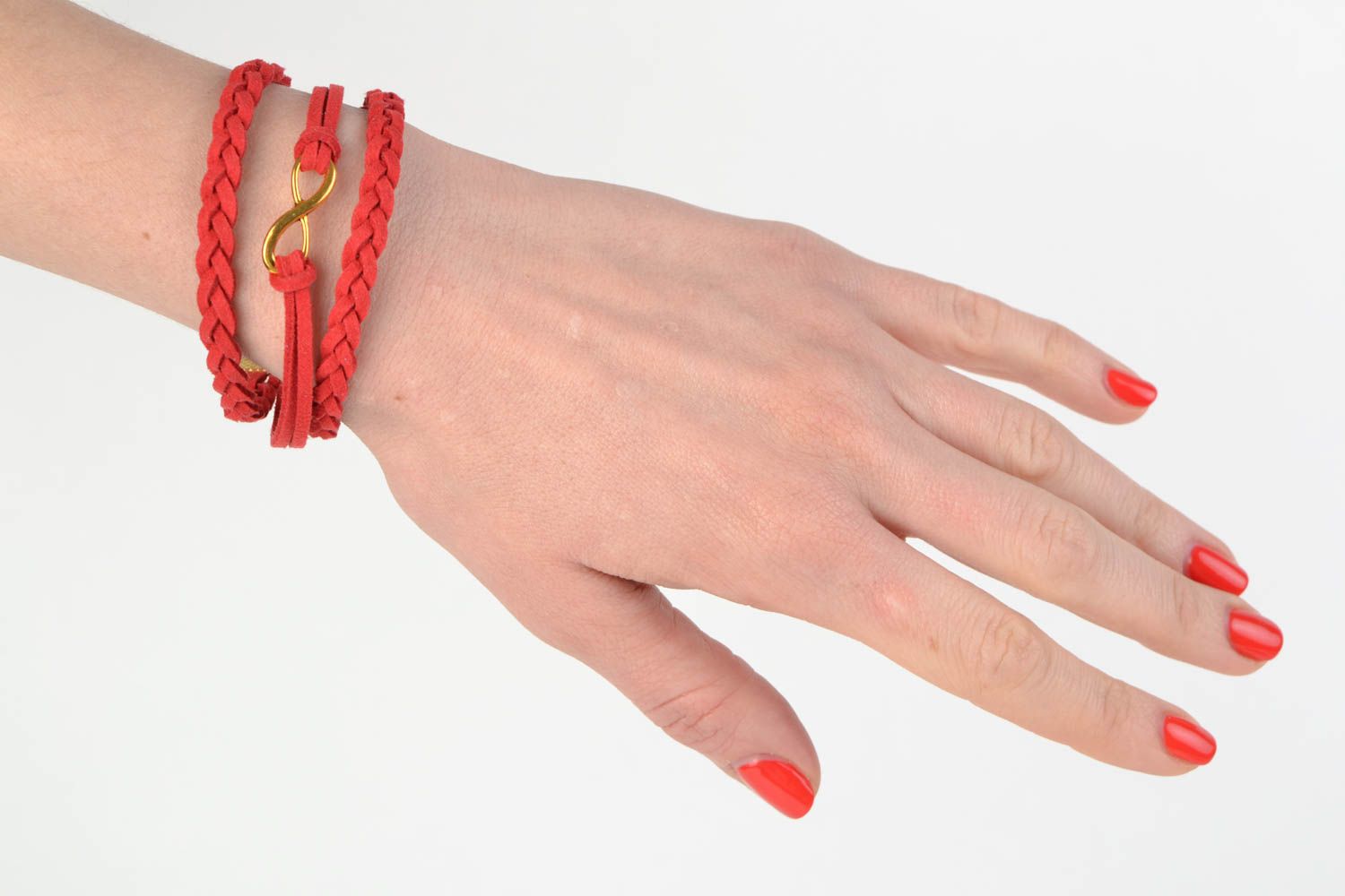 Bright red handmade woven suede bracelet with metal charm photo 2