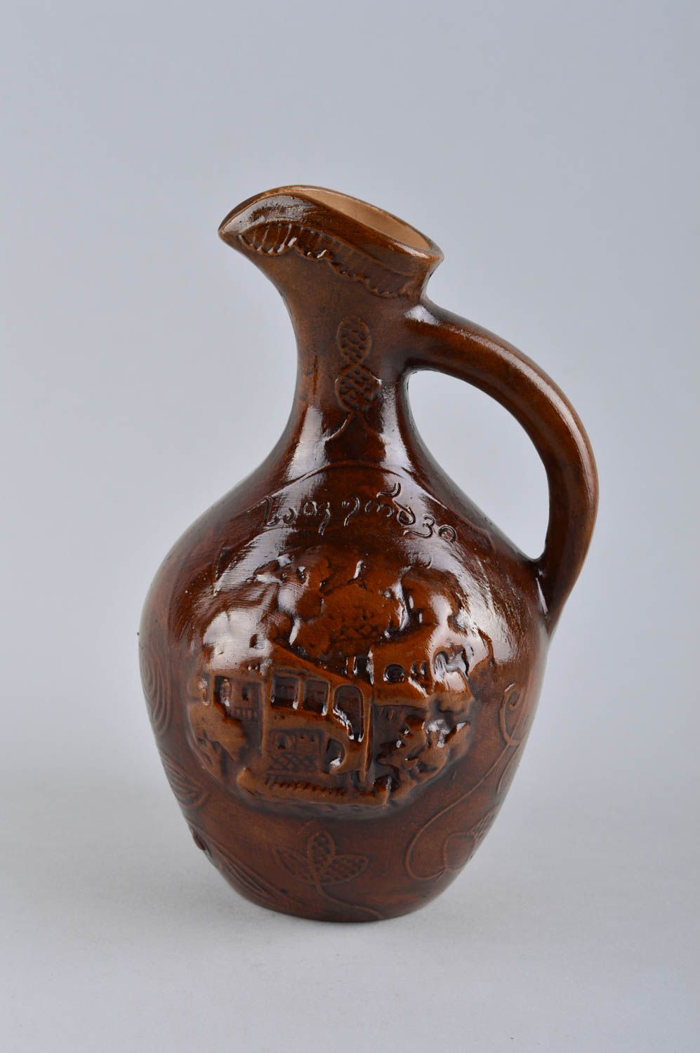 Handmade 30 oz porcelain ceramic 9 inches wine carafe pitcher with molded ornament in brown color 1 lb photo 3