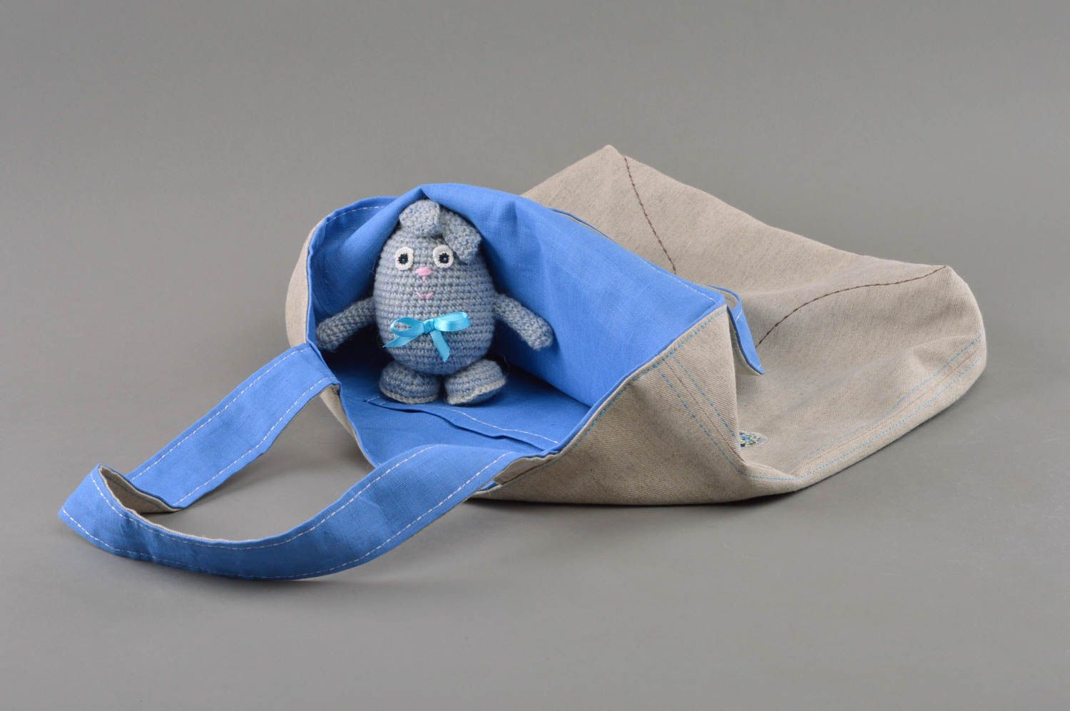 Handmade Handtasche aus Stoff Lein Baumwolle mit Muster schön Öko Accessoire foto 3