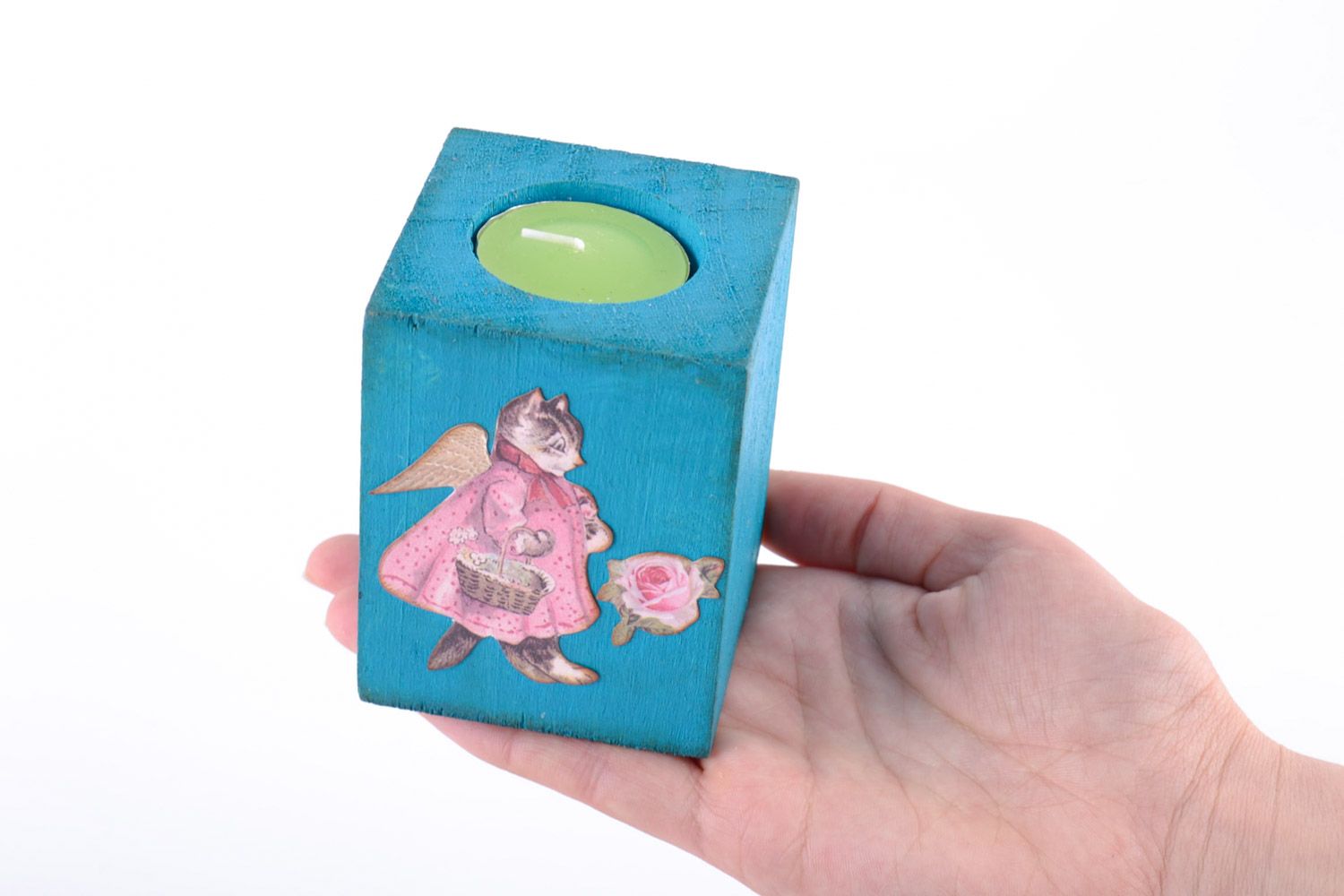 Подсвечник для свечи таблетки деревянный голубой с картинкой кота ручная работа  фото 2