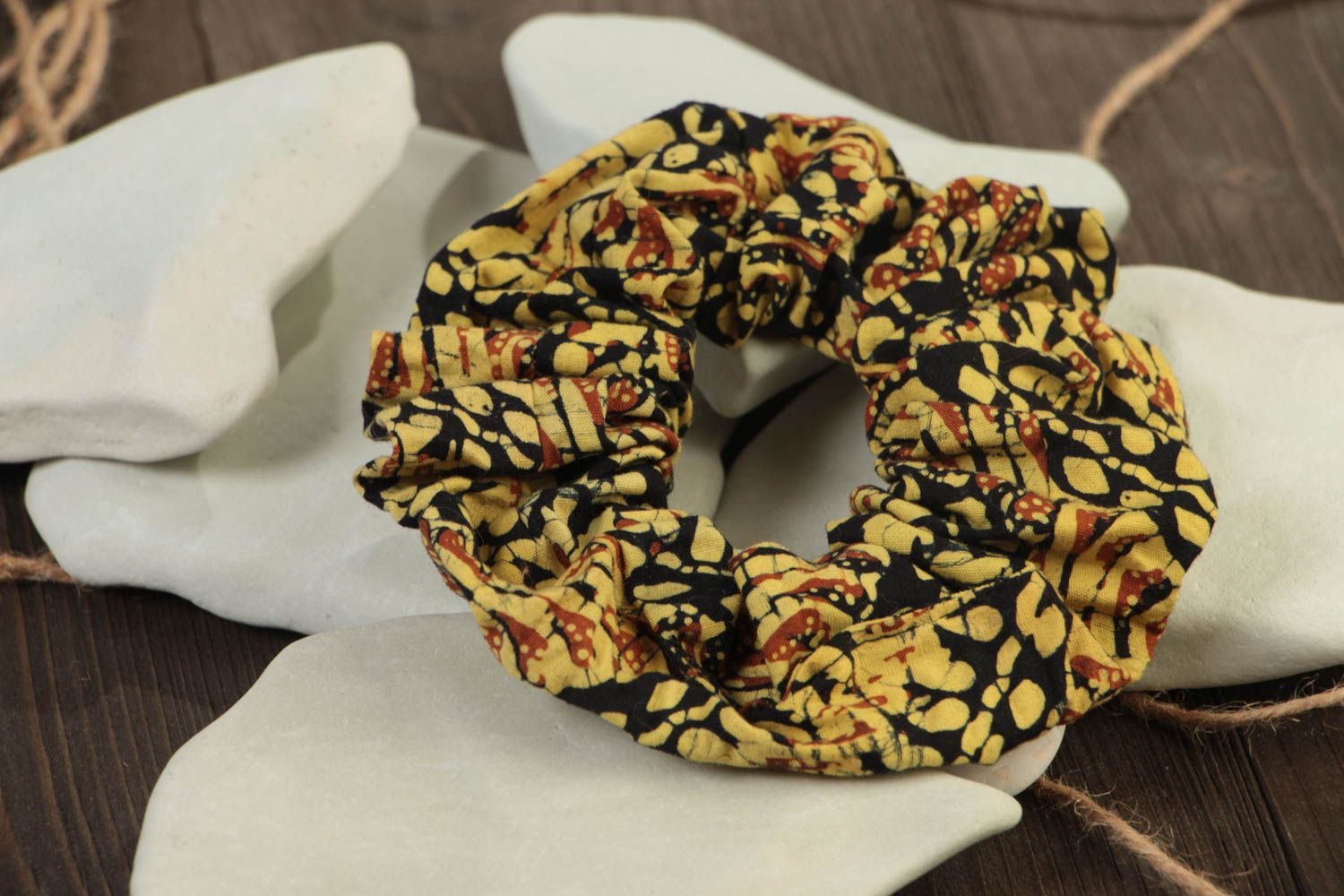 Handmade laconic decorative cotton fabric hair band in yellow and brown colors photo 1