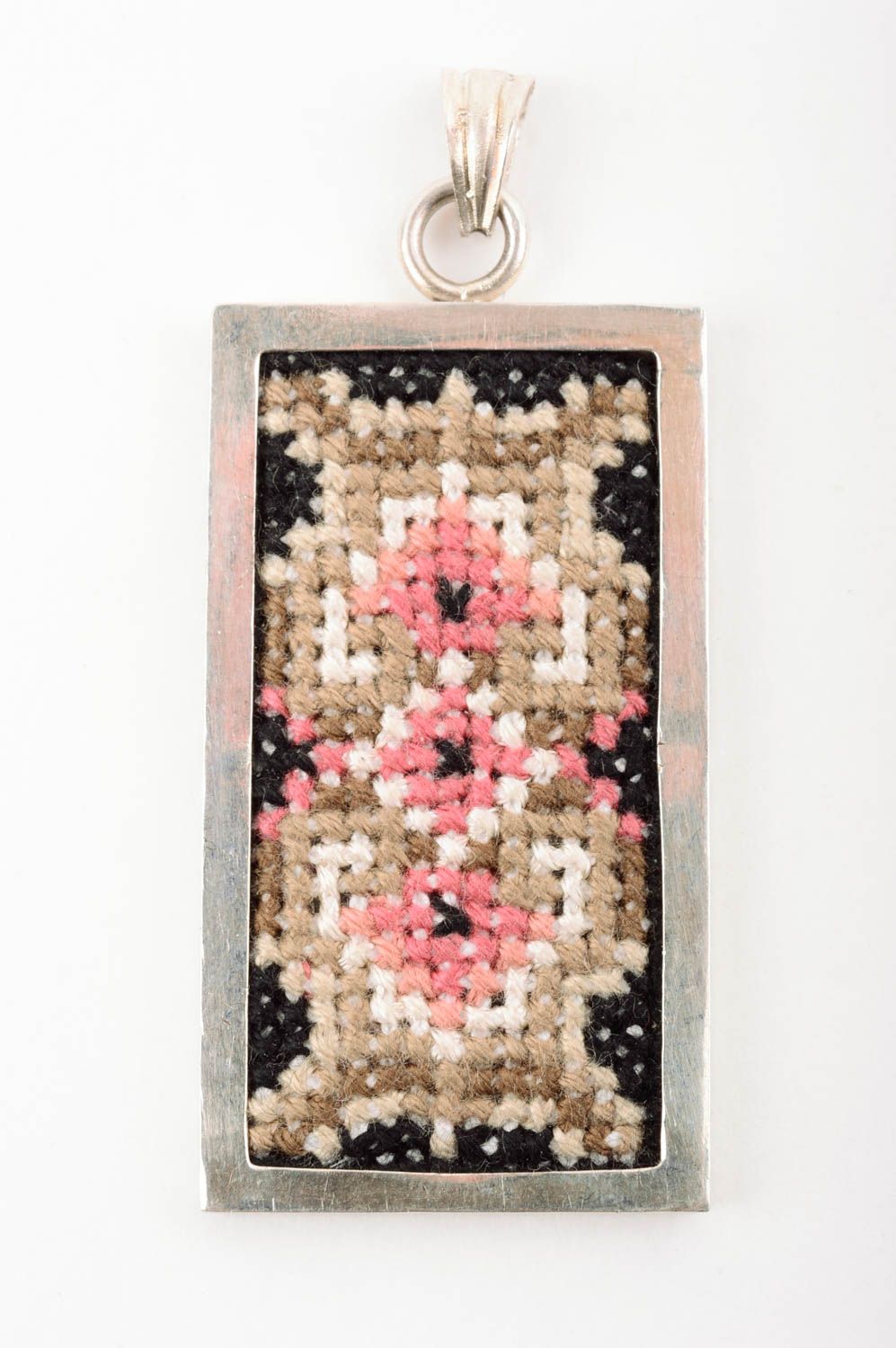 Handmade pendant with cross stitch silver frame beautiful gift pendant for women photo 1