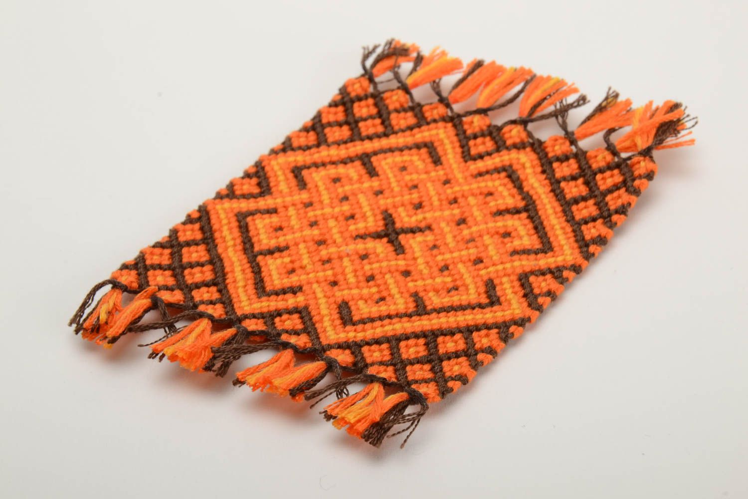 Dessous de verre orange tressé fils moulinés rectangulaire à franges fait main photo 3