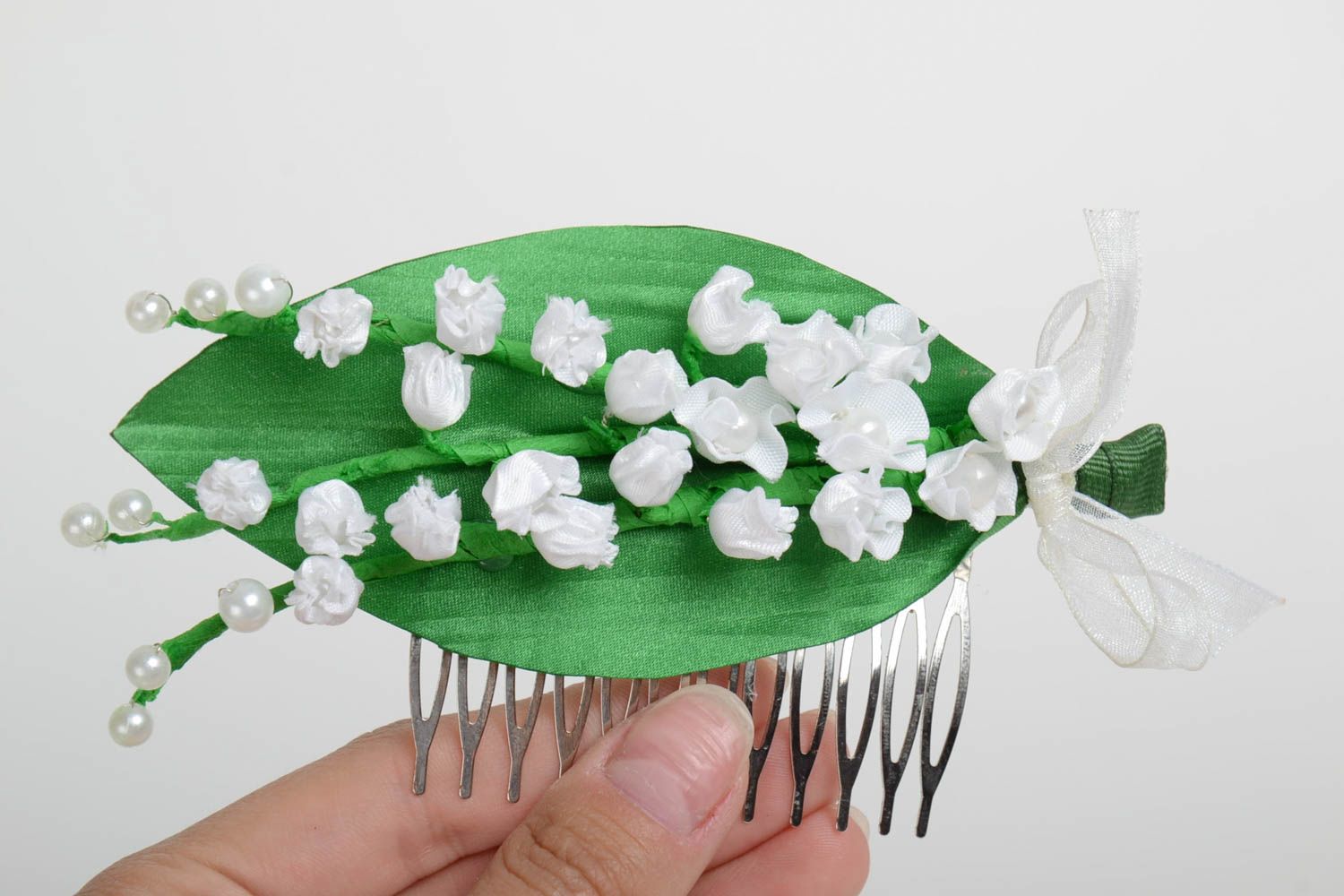 Handmade designer hair comb with metal basis and satin snowdrop flowers photo 3