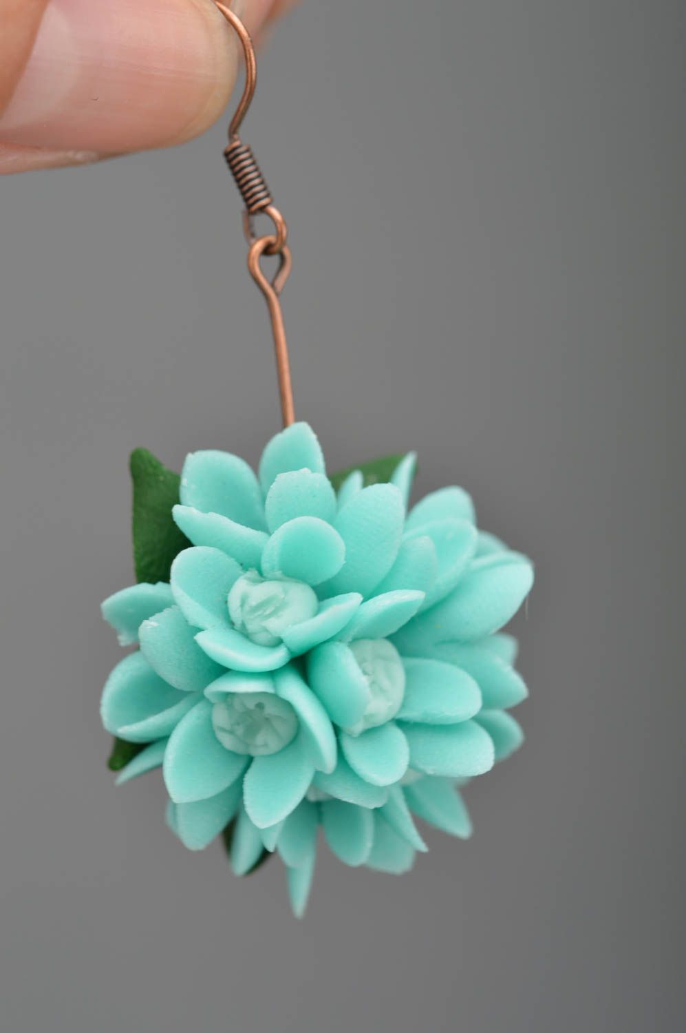 Beautiful handmade earrings made of polymer clay tender blue flowers in bouquet photo 3