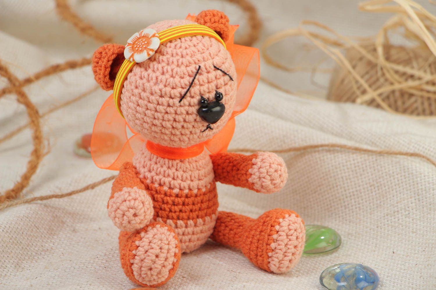 Small funny handmade crochet soft toy bear for children photo 1