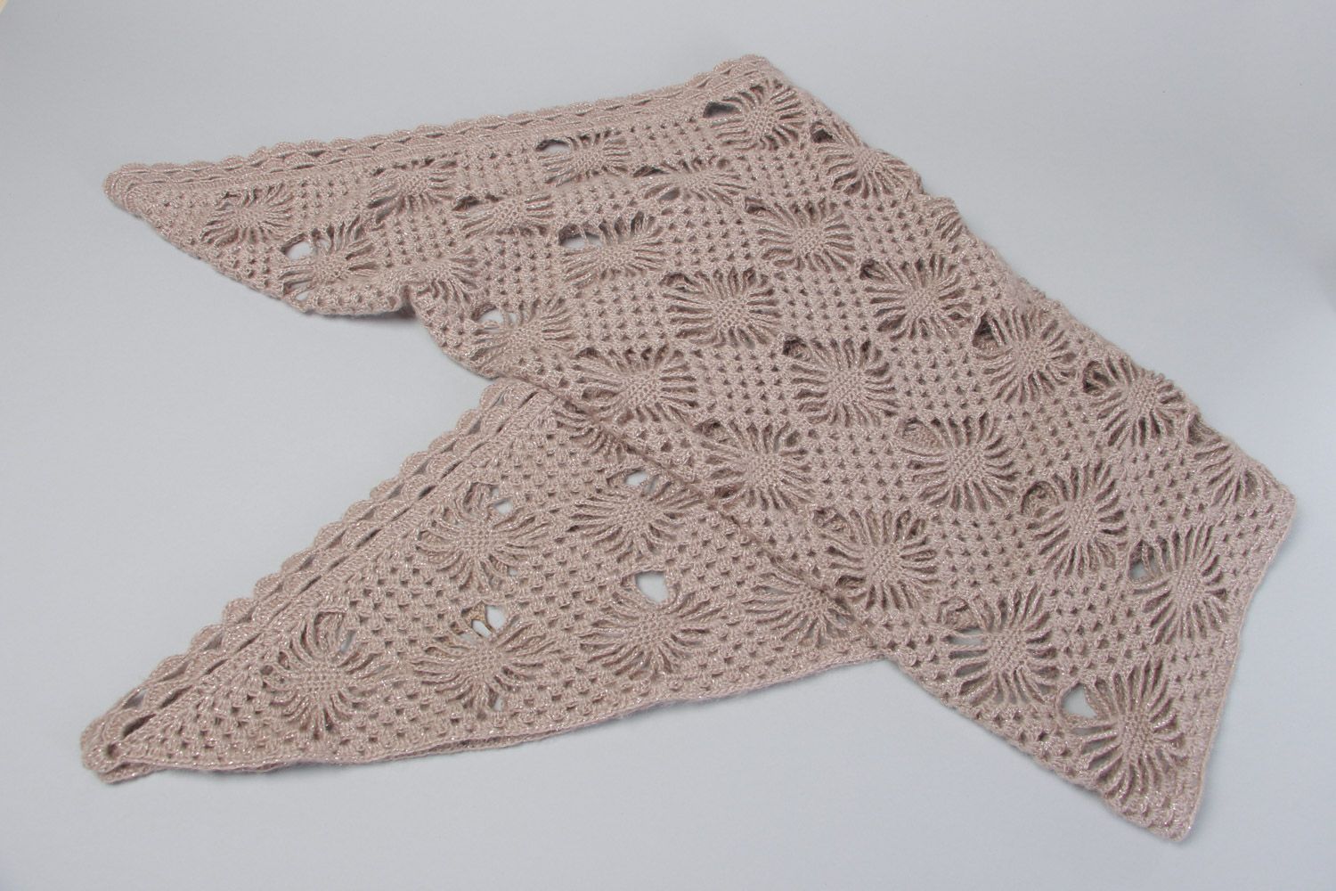 Small handmade warm lacy shawl crochet of wool and mohair of gray color photo 2