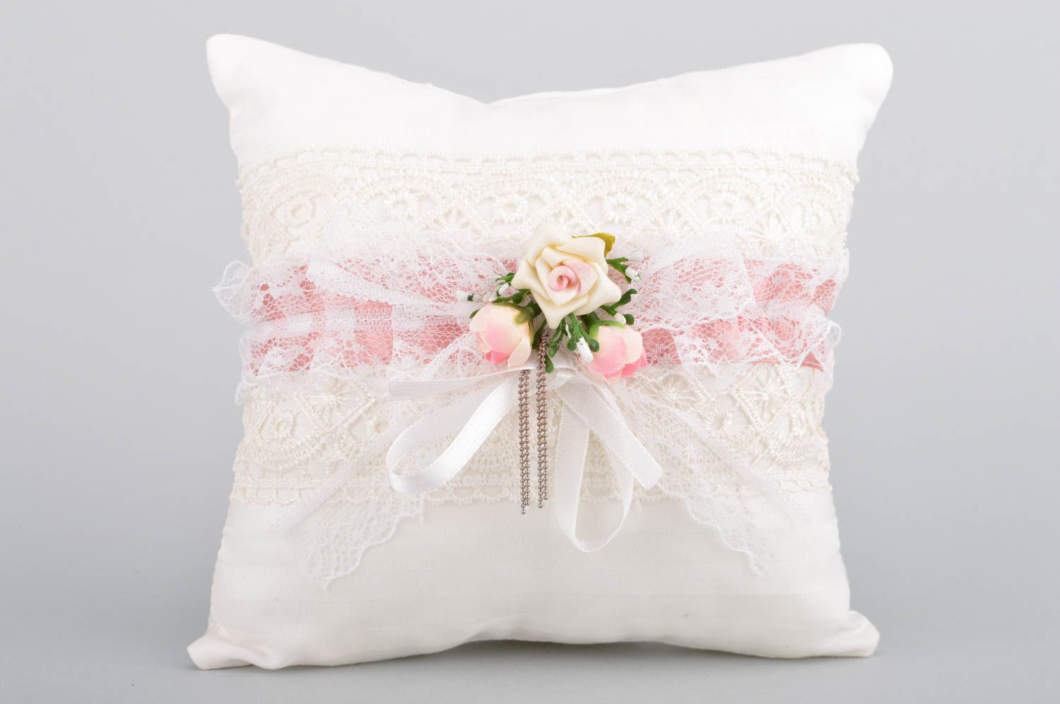 Handmade tender white wedding ring pillow with lace designer accessory photo 2