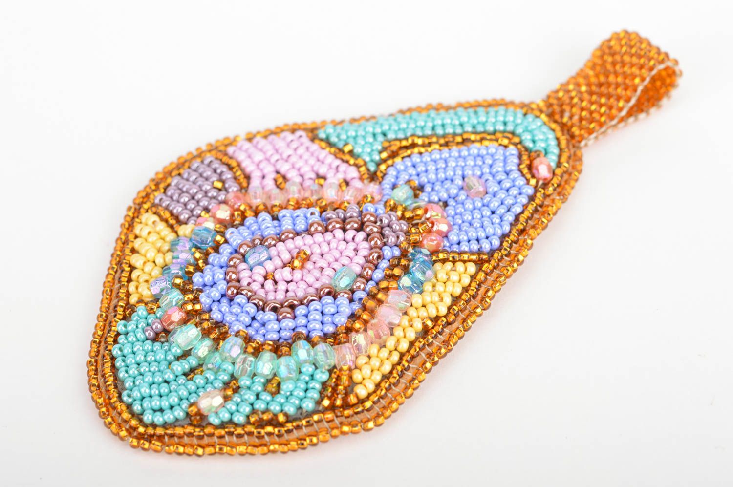 Handmade stylish massive beaded embroidered pendant summer colorful accessory photo 2