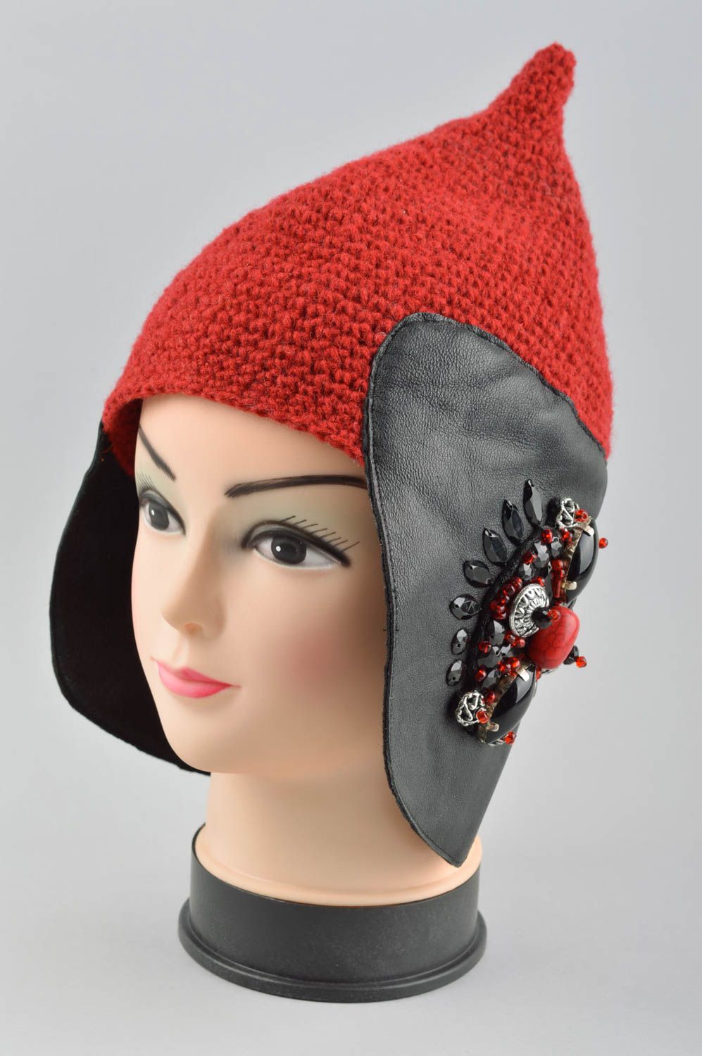 Handmade winter warm cap unusual designer cap female hat with leather photo 2