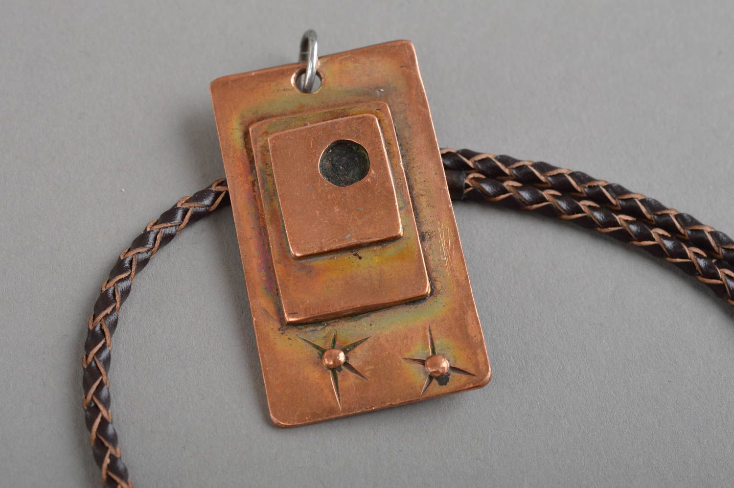 Unisex accessory rectangular handmade designer cute pendant made of copper photo 5