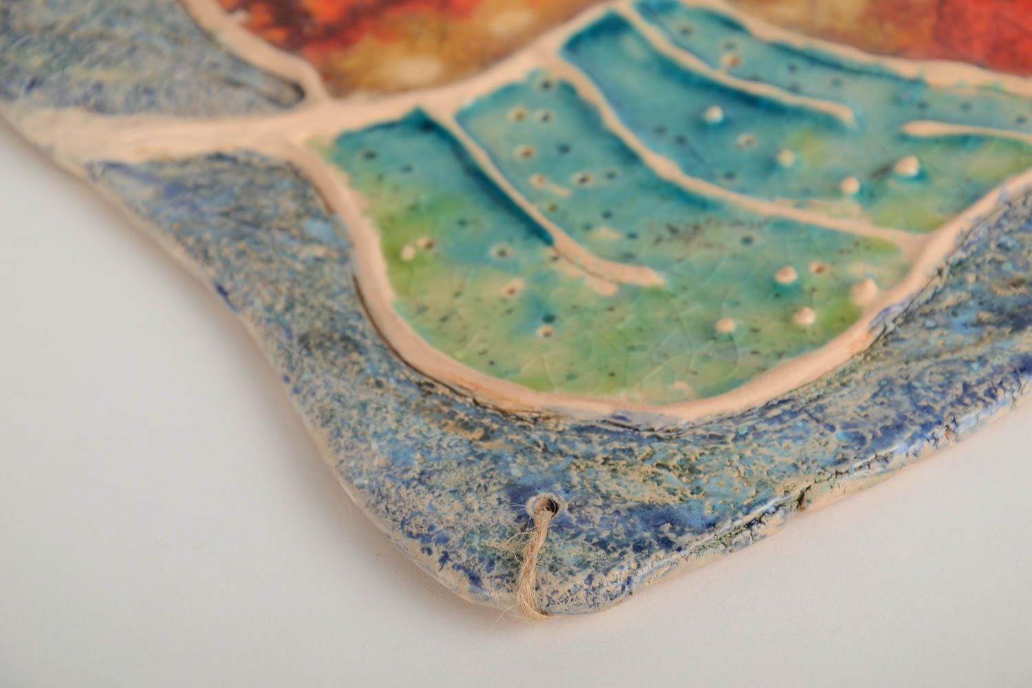 Decorative handmade square ceramic wall panel painted with enamel and glaze Leaf photo 4