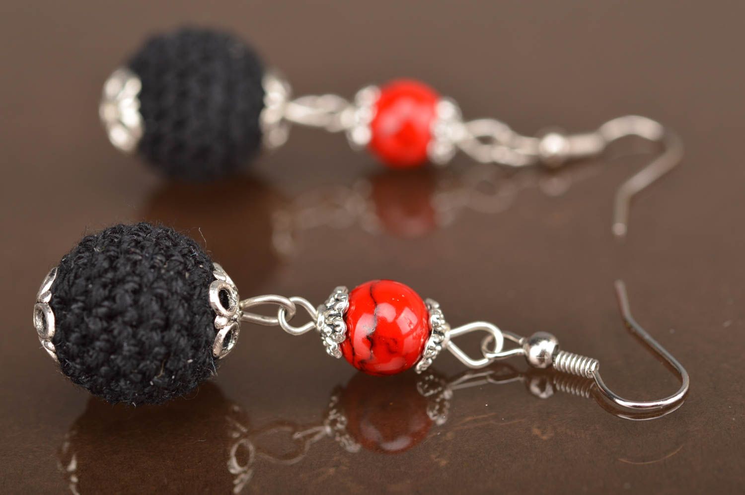 Black beaded crocheted earrings designer handmade accessory for every day photo 5