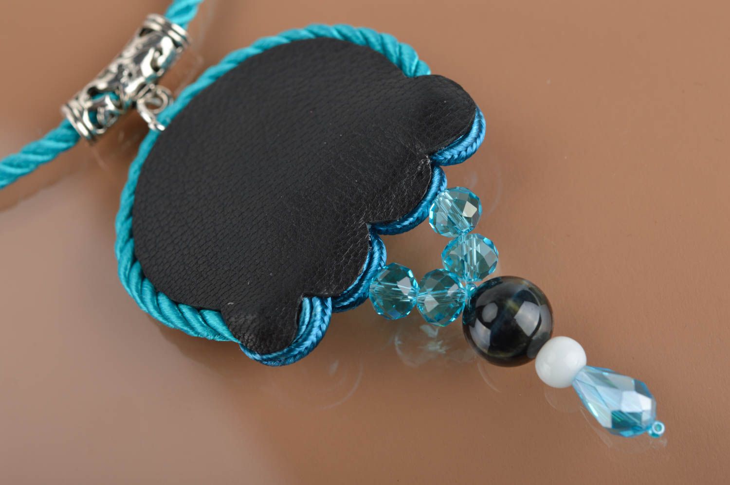 Unusual elegant handmade blue soutache necklace with natural stones photo 5