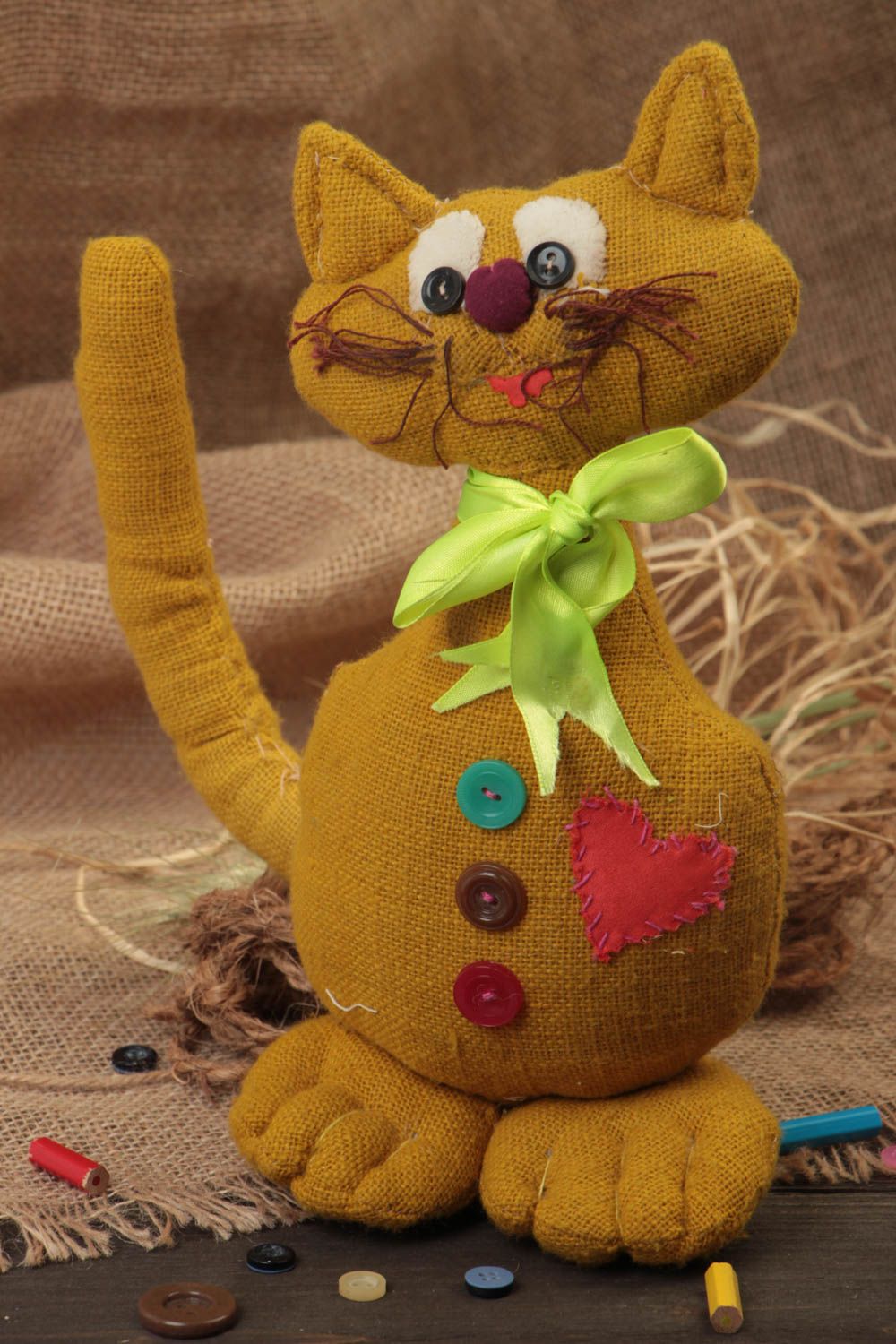 Handmade designer fabric soft toy burlap cat with buttons and bow for children photo 1