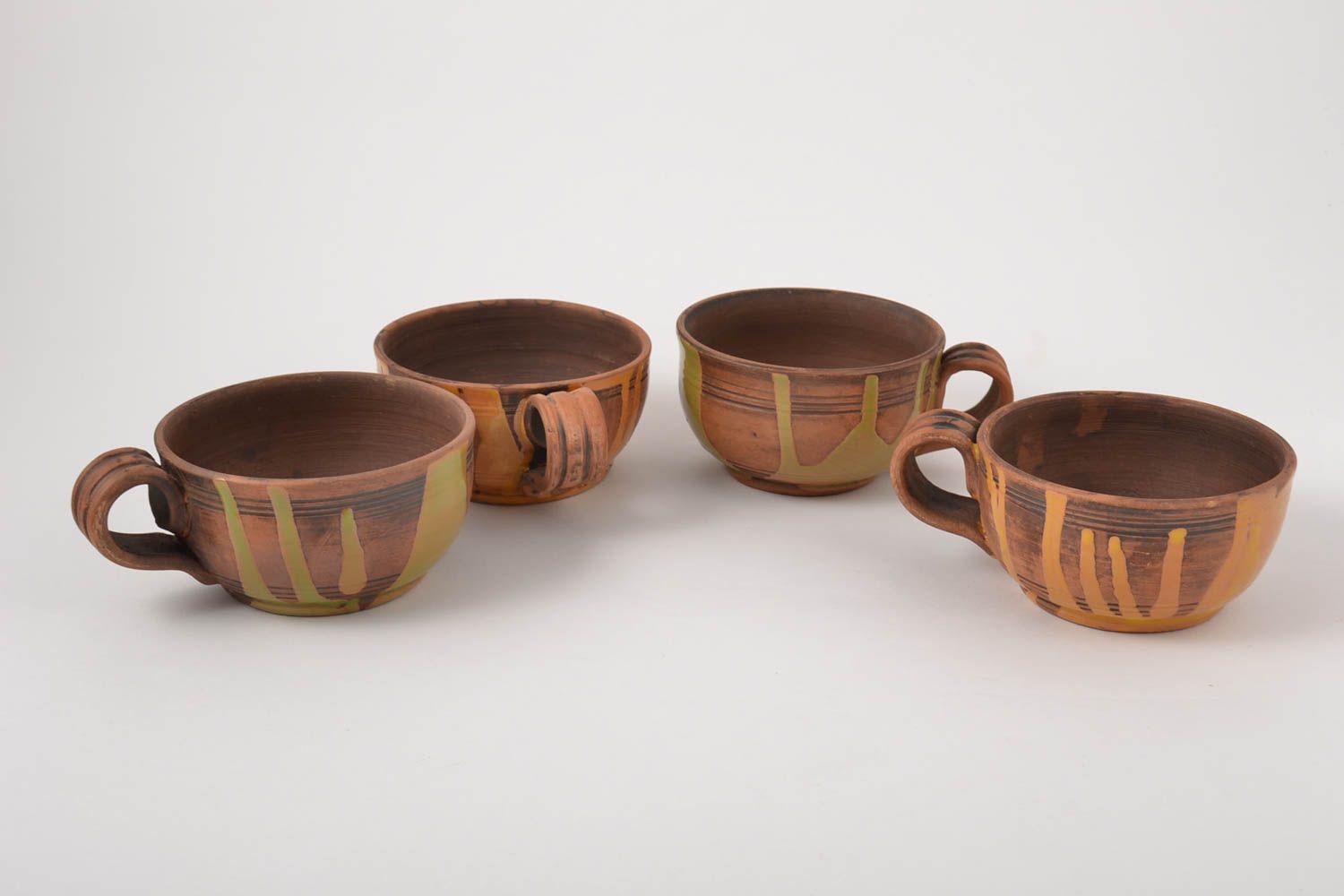 Set of 4 four not glazes natural clay coffee cups with handle  photo 2