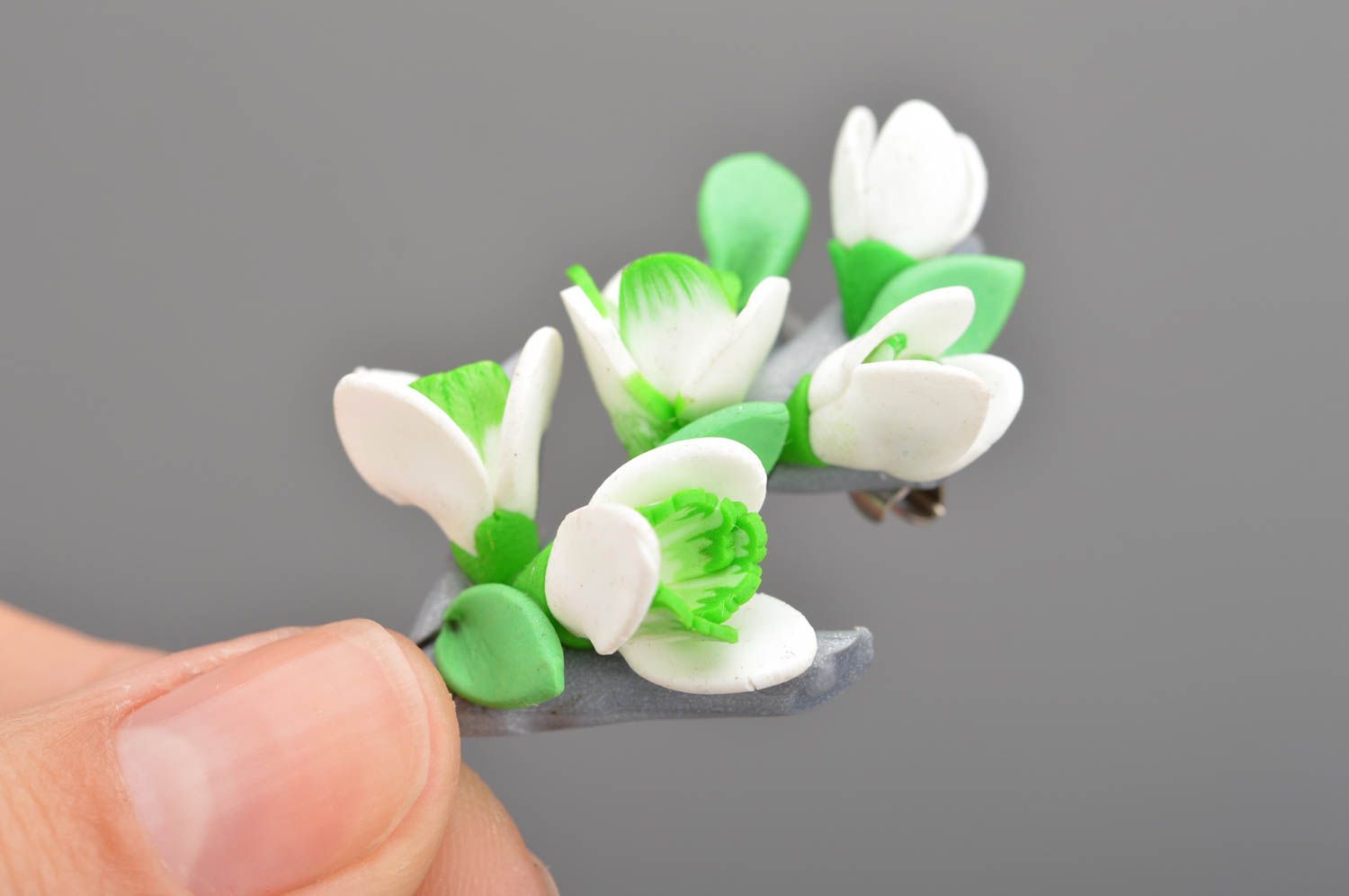 Beautiful homemade designer polymer clay flower brooch Snowdrops photo 2
