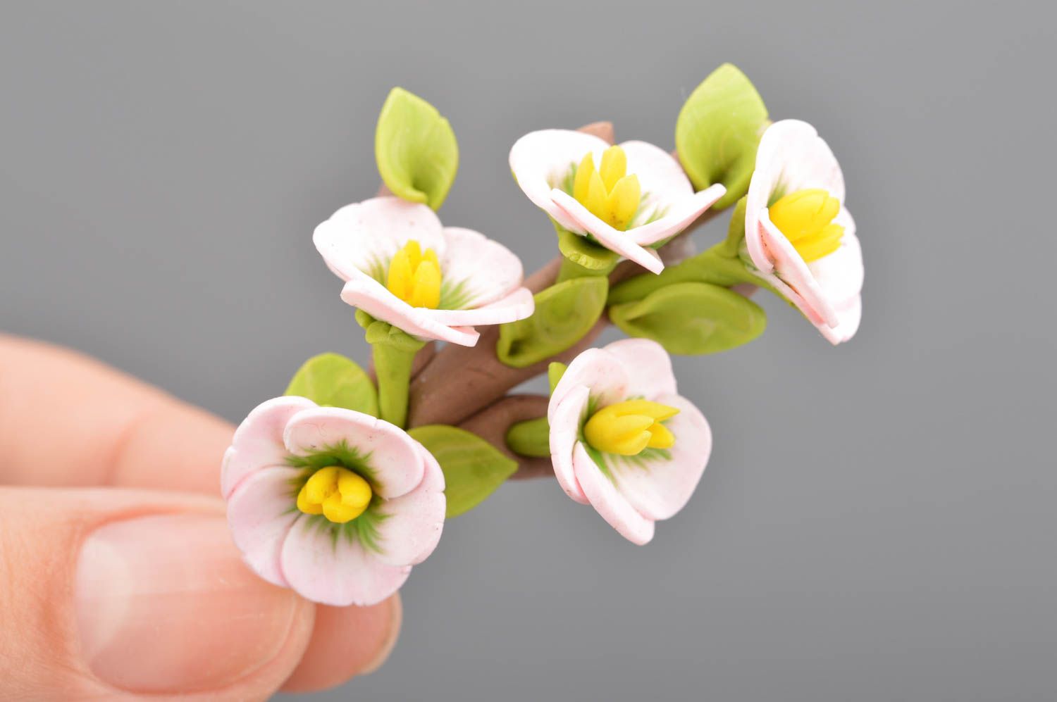 Handmade designer polymer clay brooch with tender pink tiny flowers photo 2