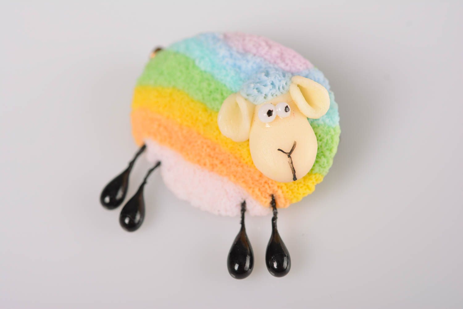 Funny small handmade children's brooch molded of polymer clay colorful lamb photo 5