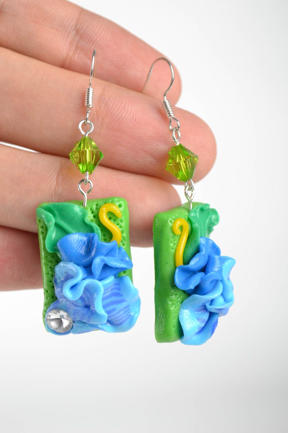 Handmade Blumen Ohrringe Designer Schmuck Accessoire für Frauen blau grün foto 5