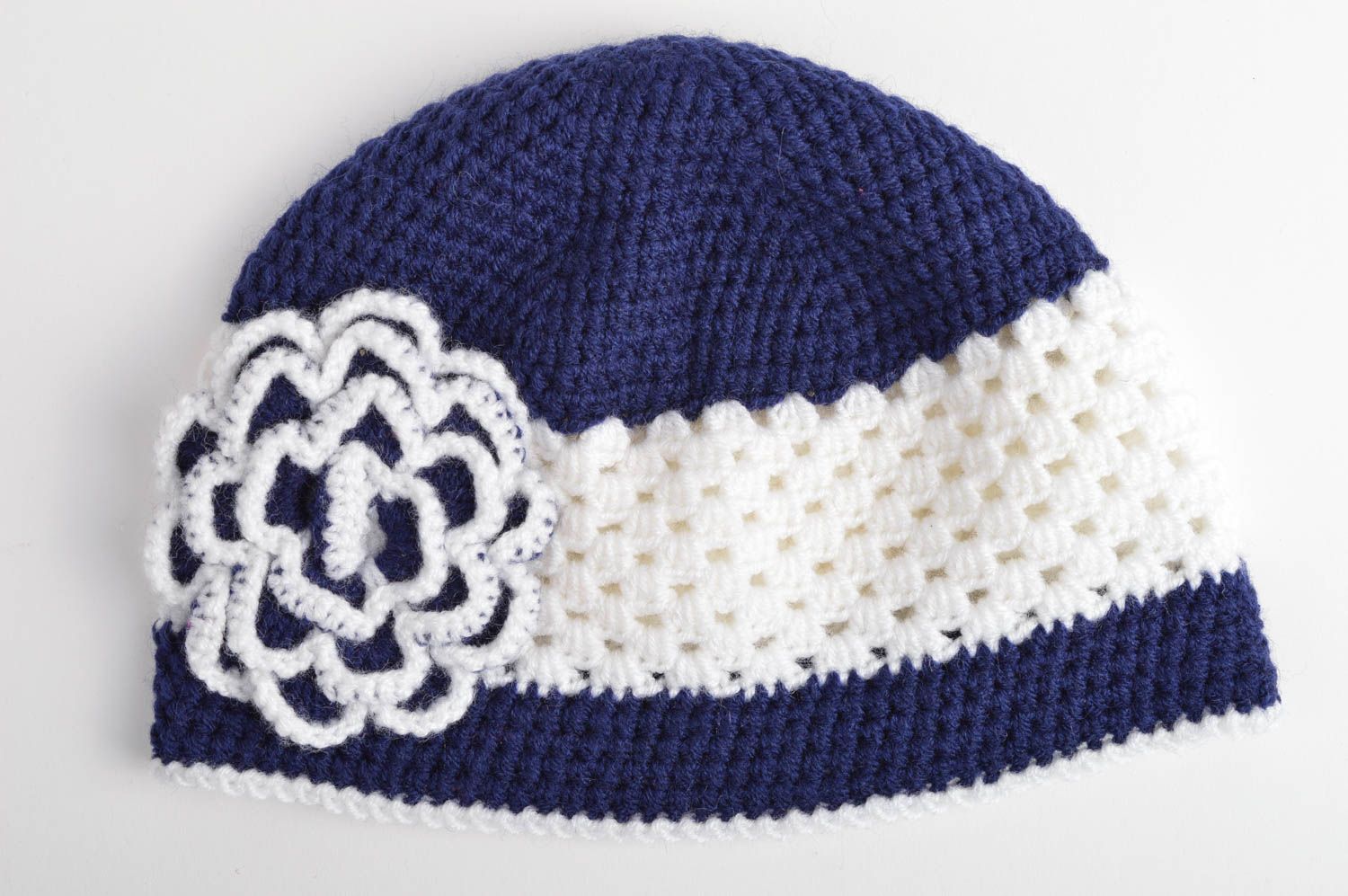 Bonnet tricot fait main Chapeau au crochet bleu blanc fleur Vêtement fille photo 3