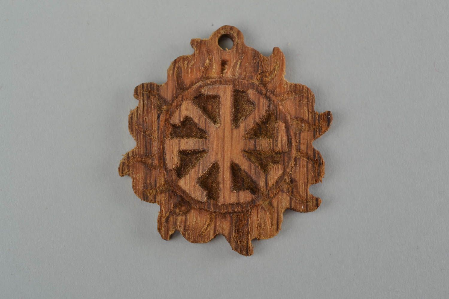 Slavonic handmade round pendant amulet made of wood Kolovrat in the Sun photo 3