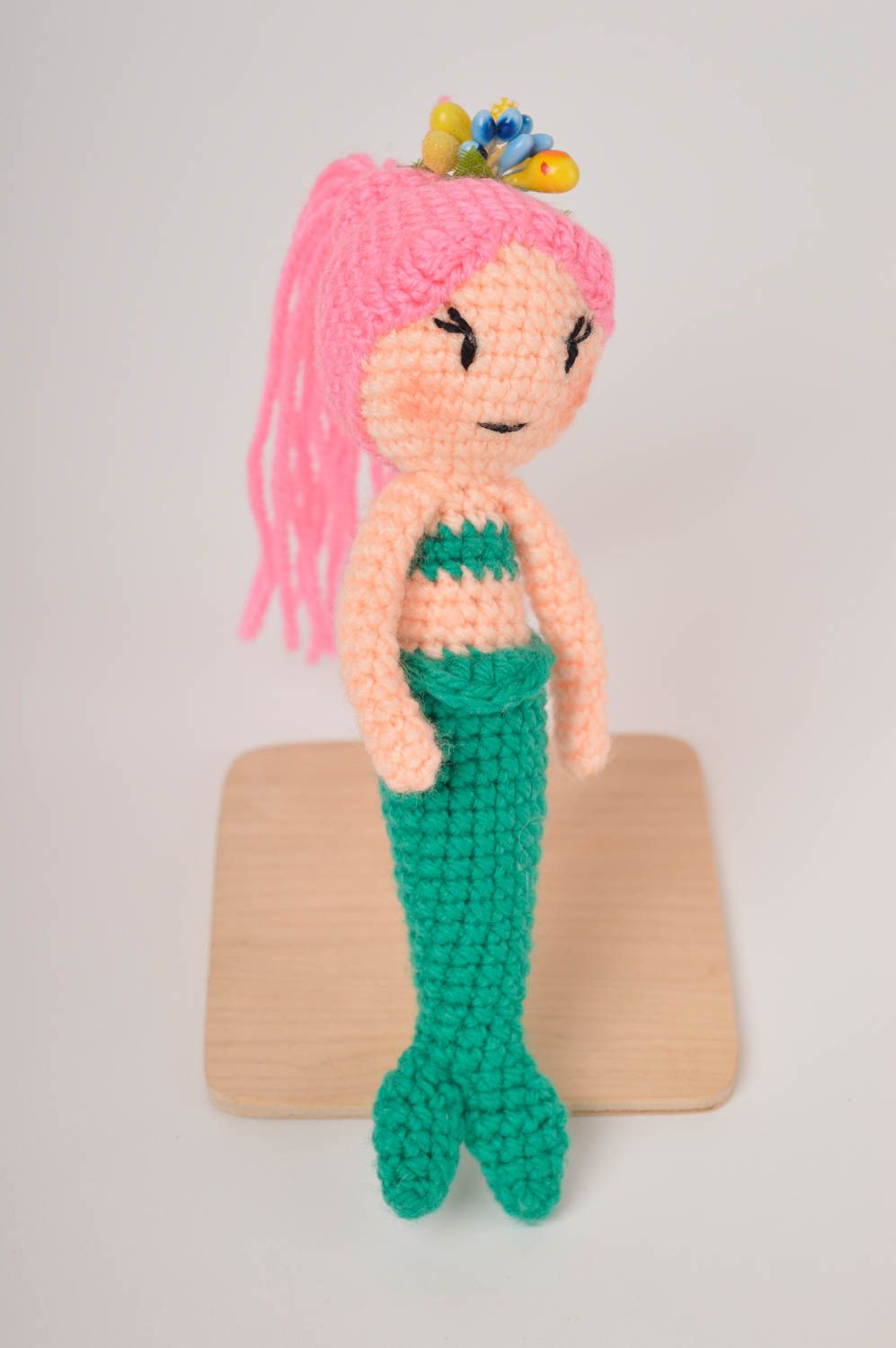 Little mermaid stuffed knitted toy in pink and green colors. 7 inches tall photo 2