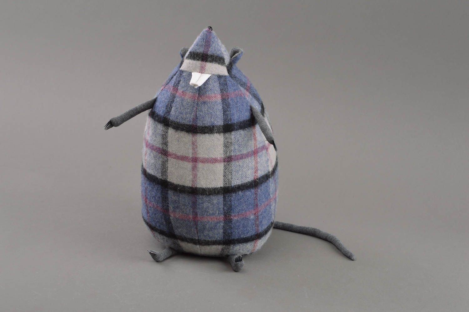 Beautiful handmade checkered half woolen fabric soft toy Mouse for kids photo 1