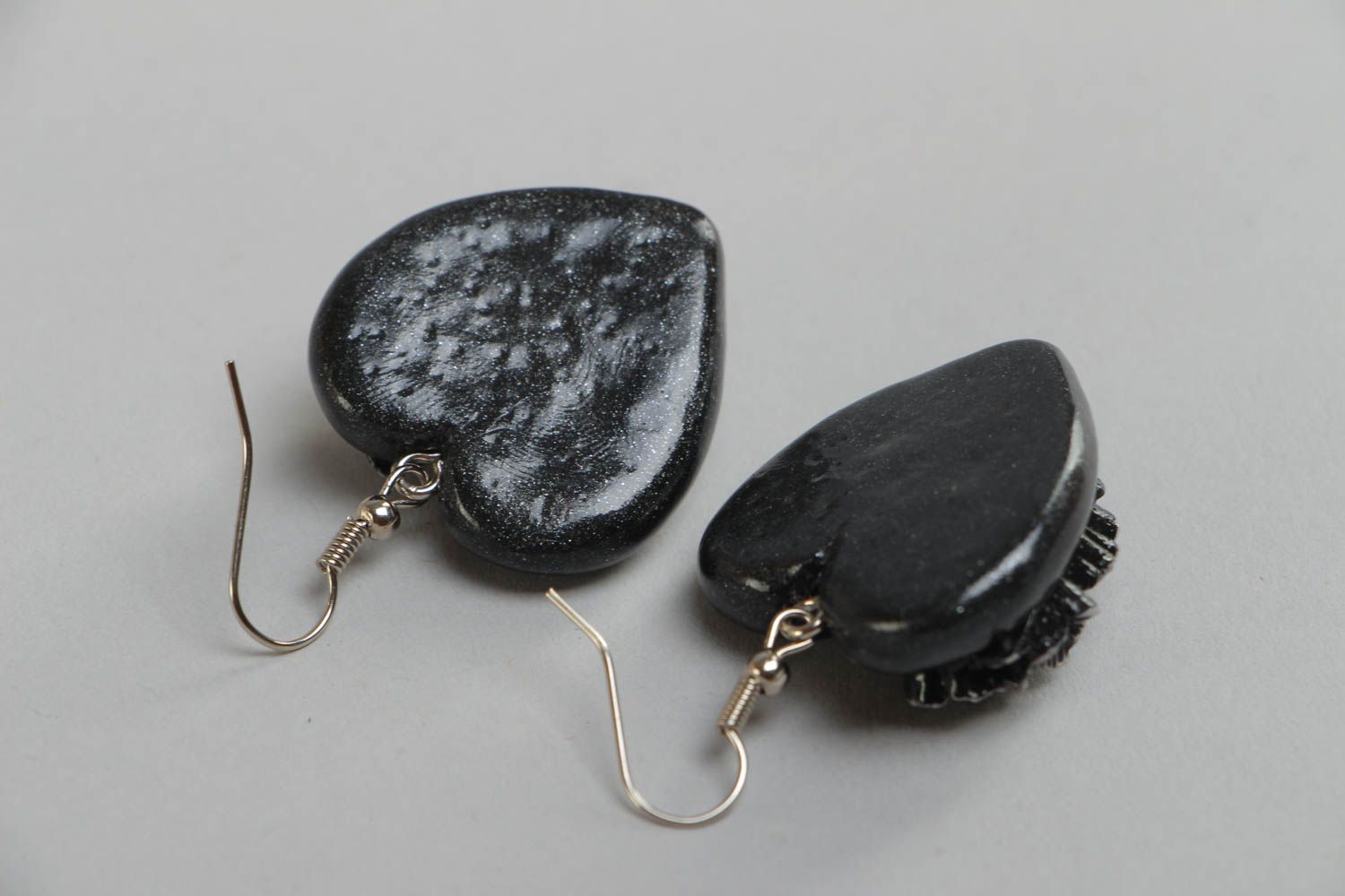 Handmade small polymer clay black heart shaped dangling earrings with flowers photo 4