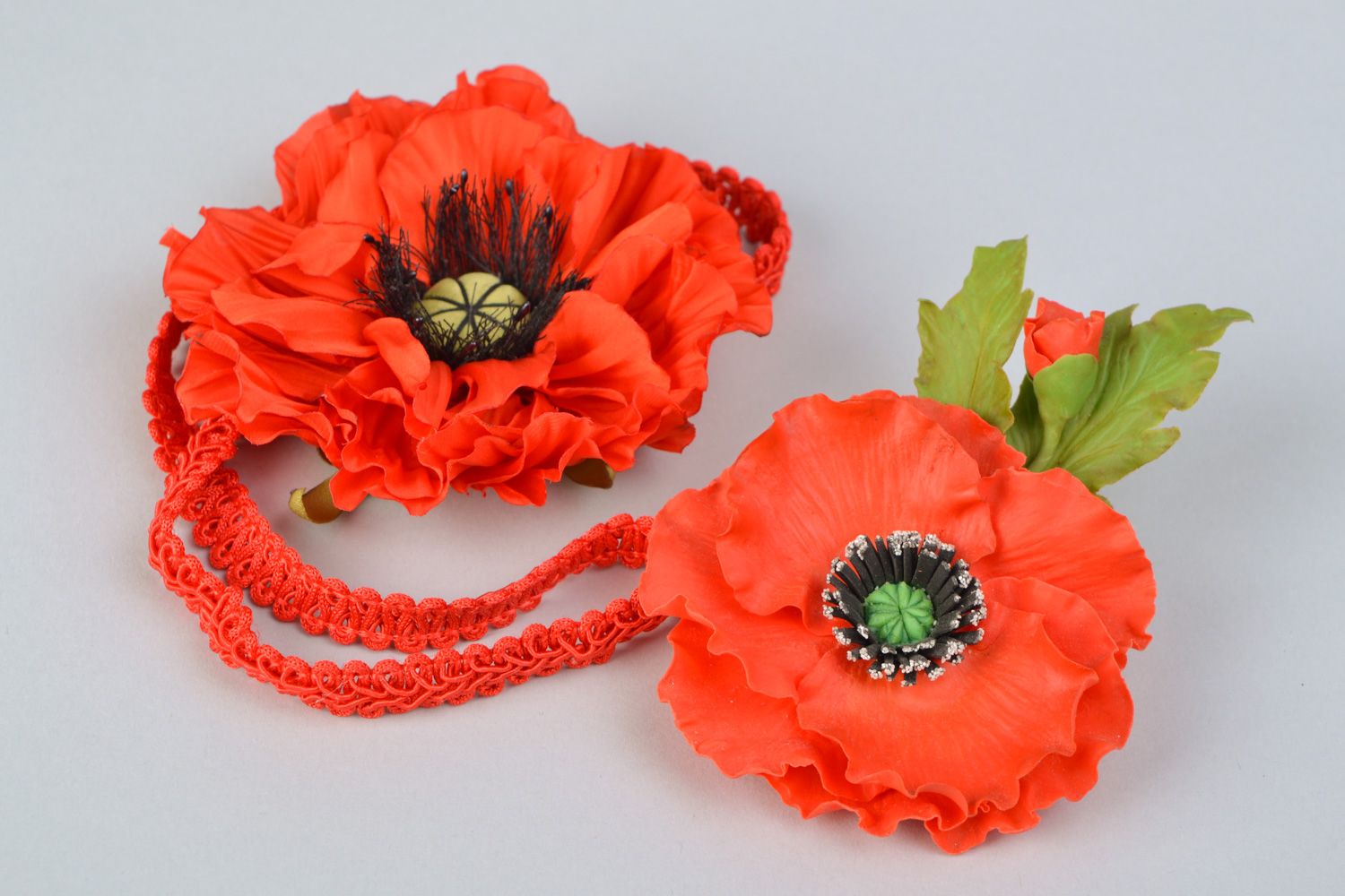 Set of handmade fabric flower hair accessories Poppies photo 3